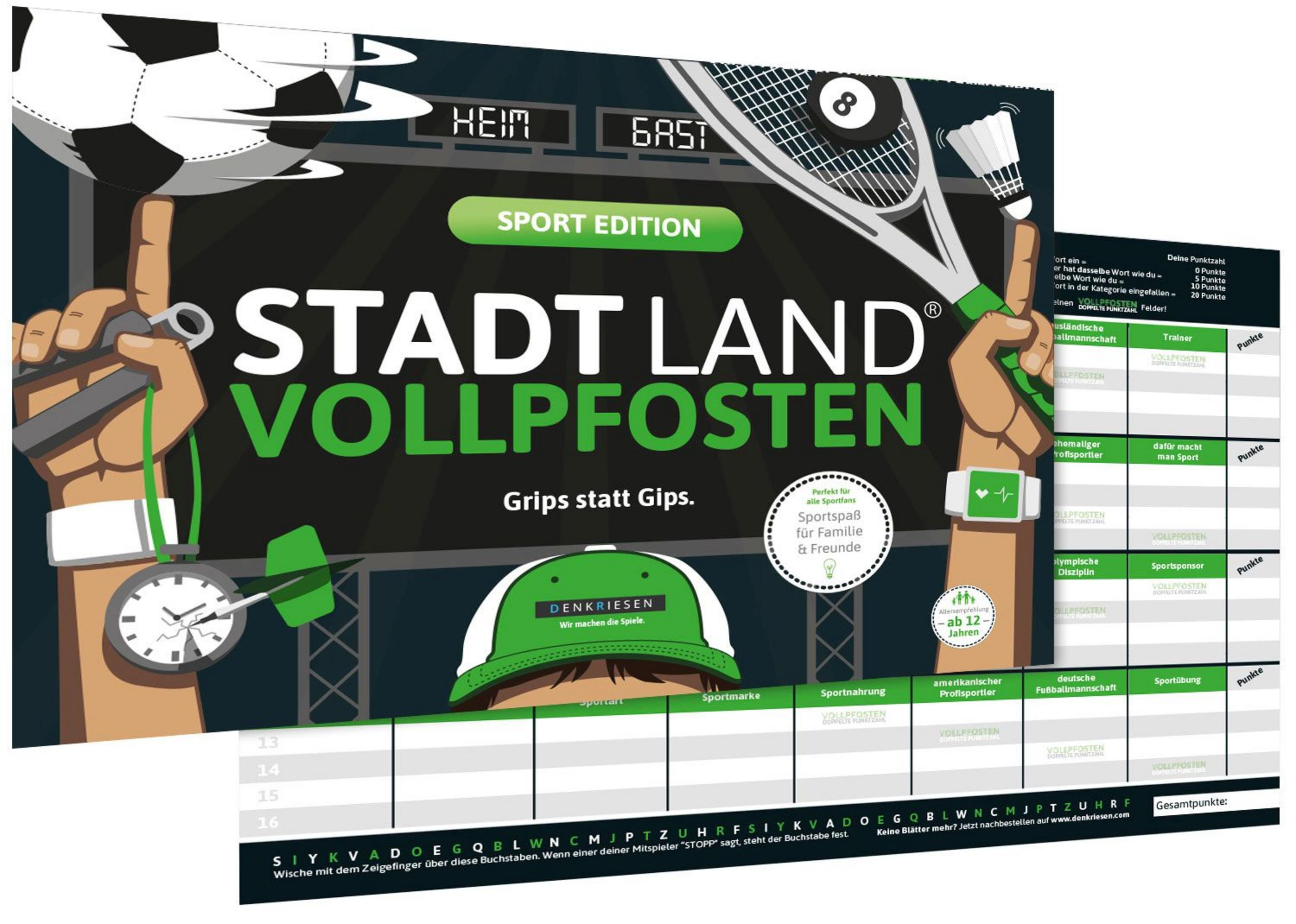 Brettspielbox "Stadt Land Vollpfosten". Spielbrett, Hände halten Gegenstände. Grüner Hintergrund.