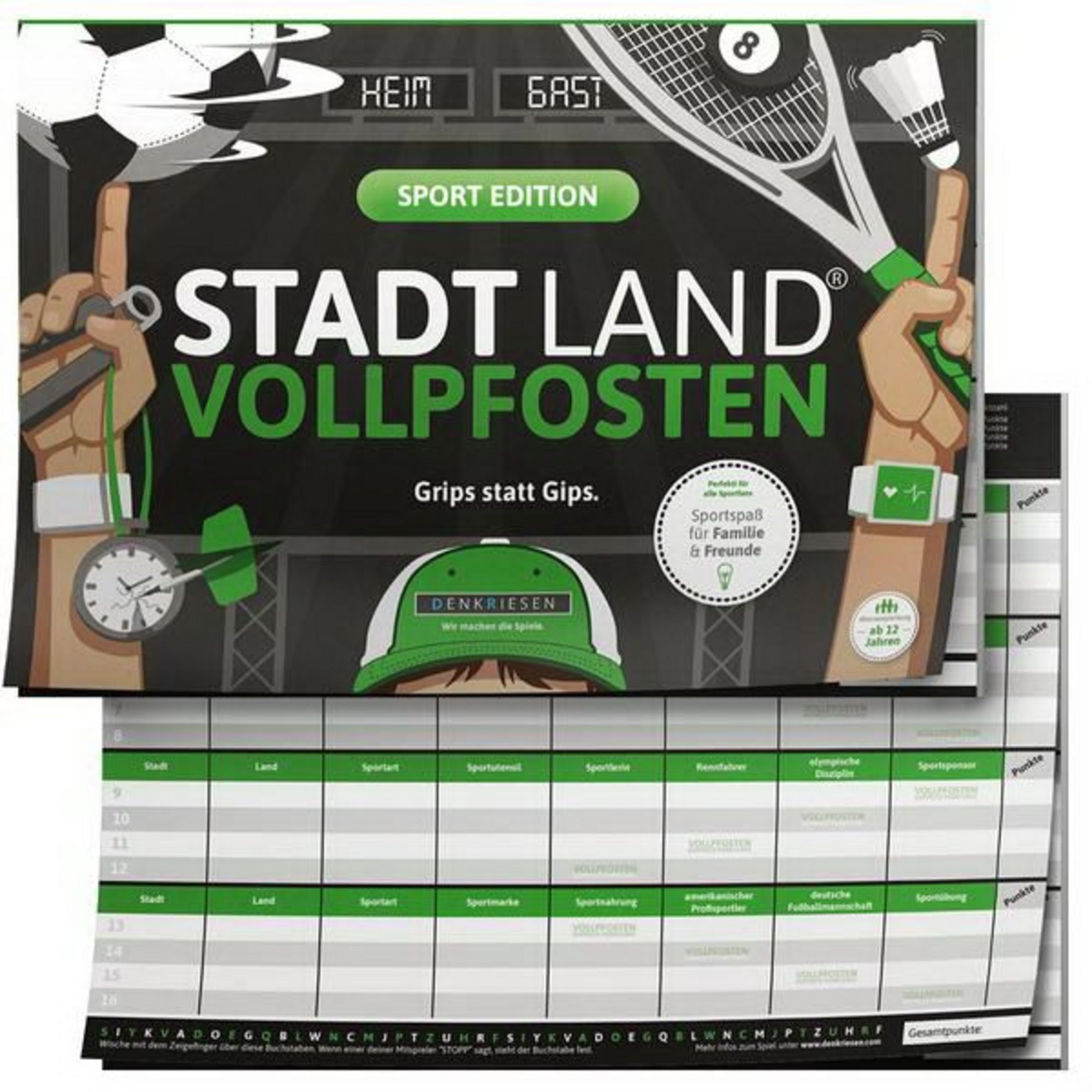 Ein Spielbrett mit dem Text Stadt Land Vollpfosten und Illustrationen von Sportgeräten und einer Anzeigetafel.