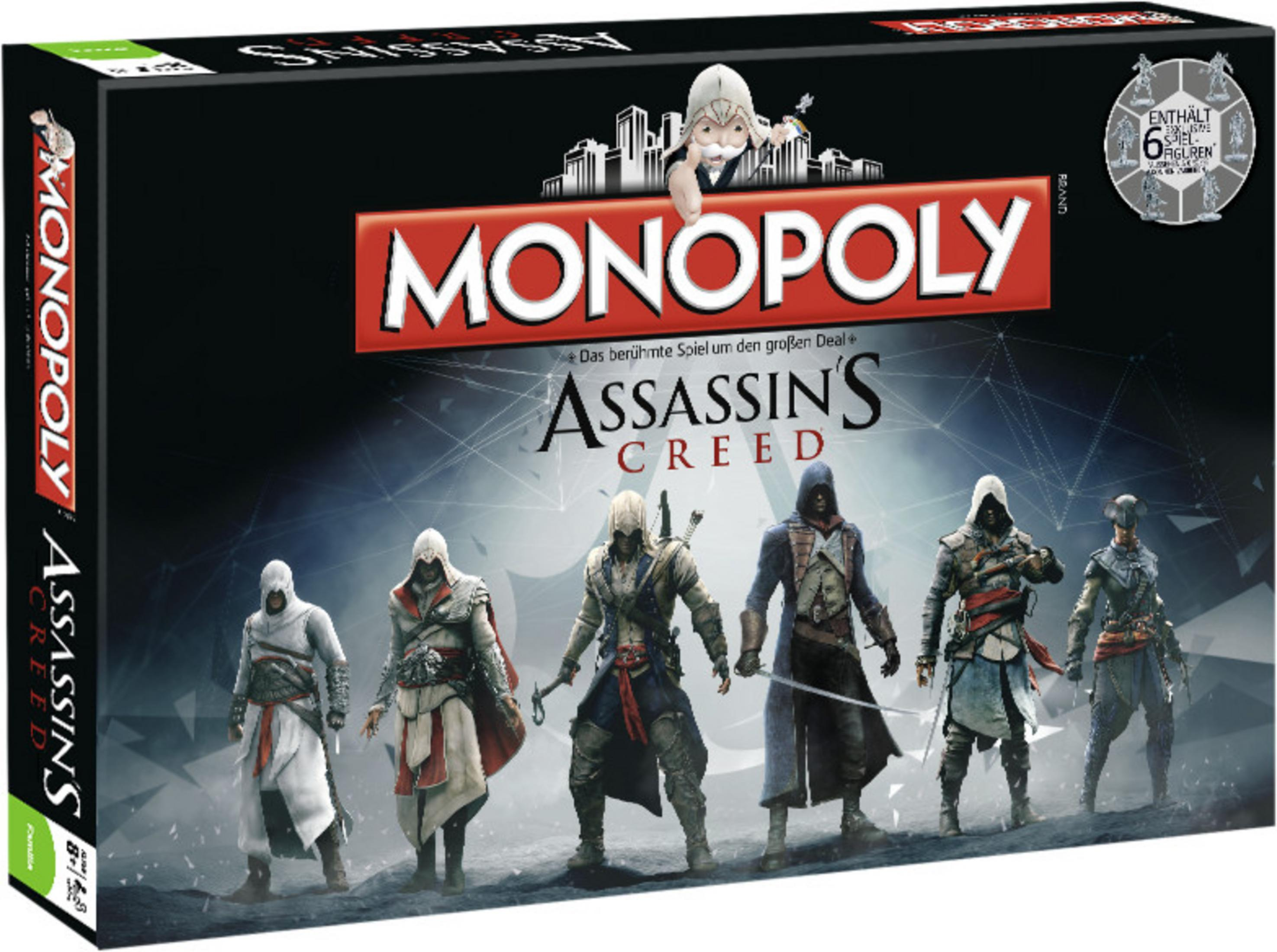 Monopoly Assassin's Creed Brettspielbox mit Charakteren aus dem Spiel.