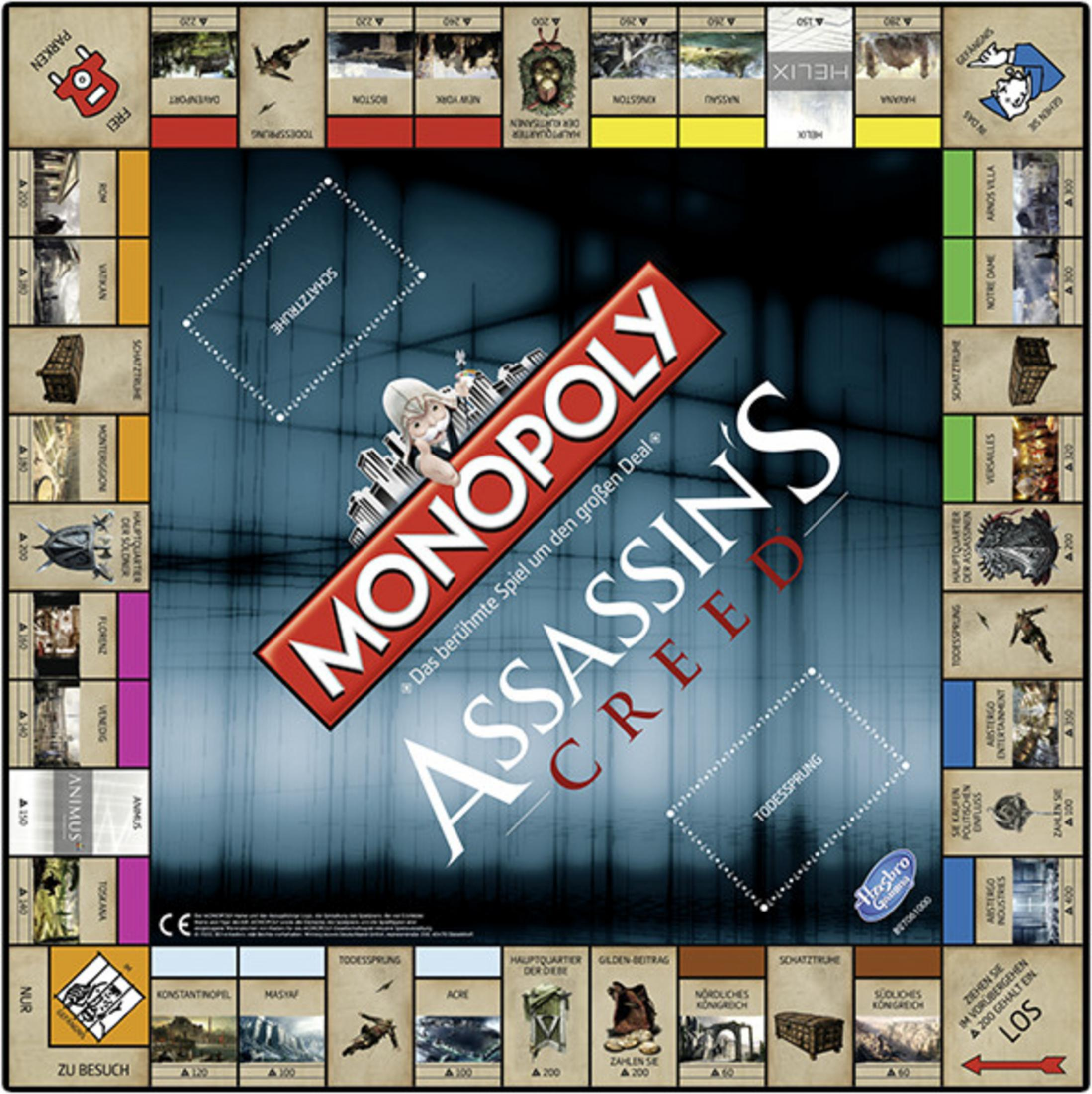 Das Monopoly: Assassin's Creed Brettspiel. Das Spielbrett zeigt Orte und Charaktere aus dem Spiel.