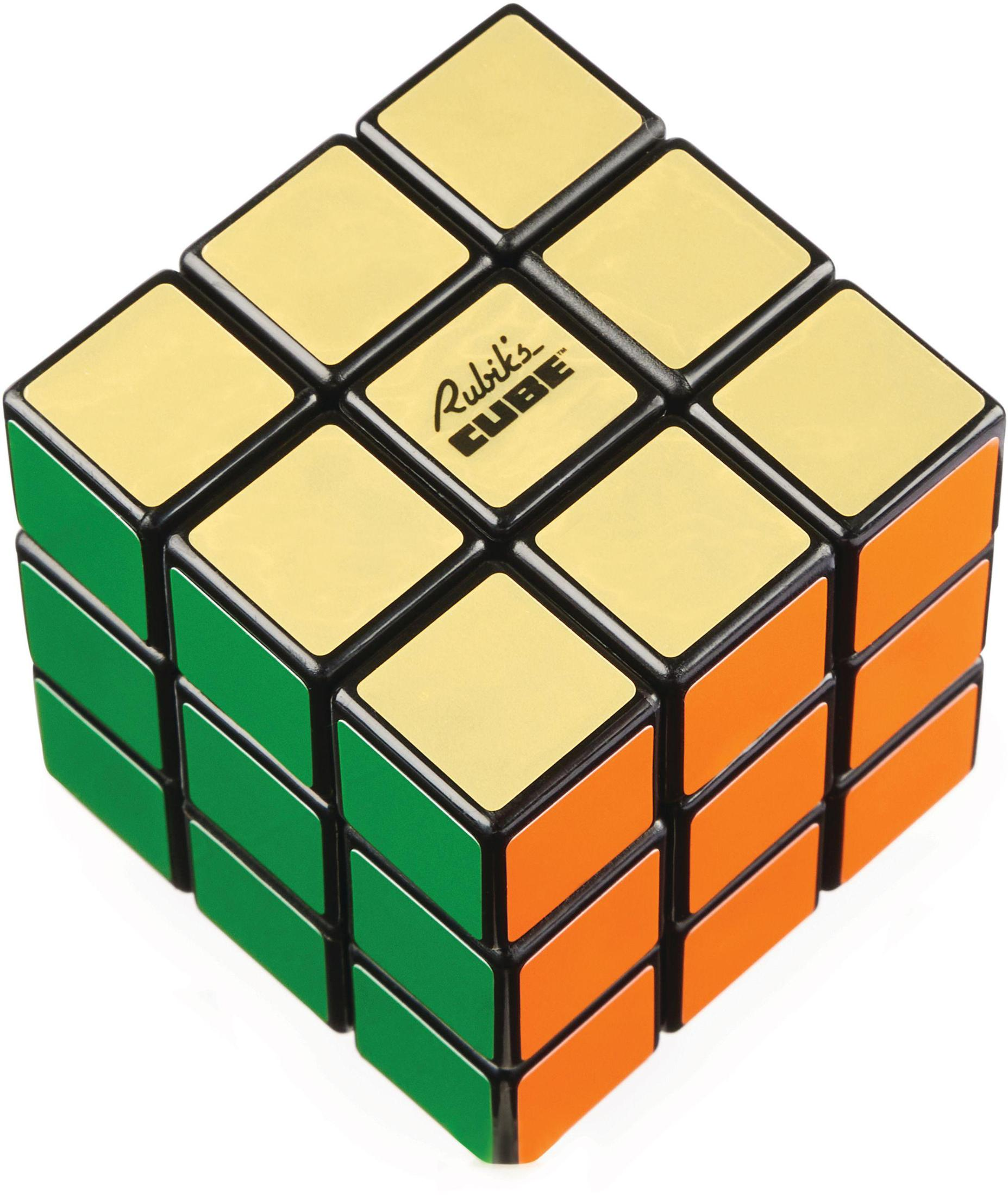 Un cubo di Rubik con quadrati verdi, arancioni e dorati.