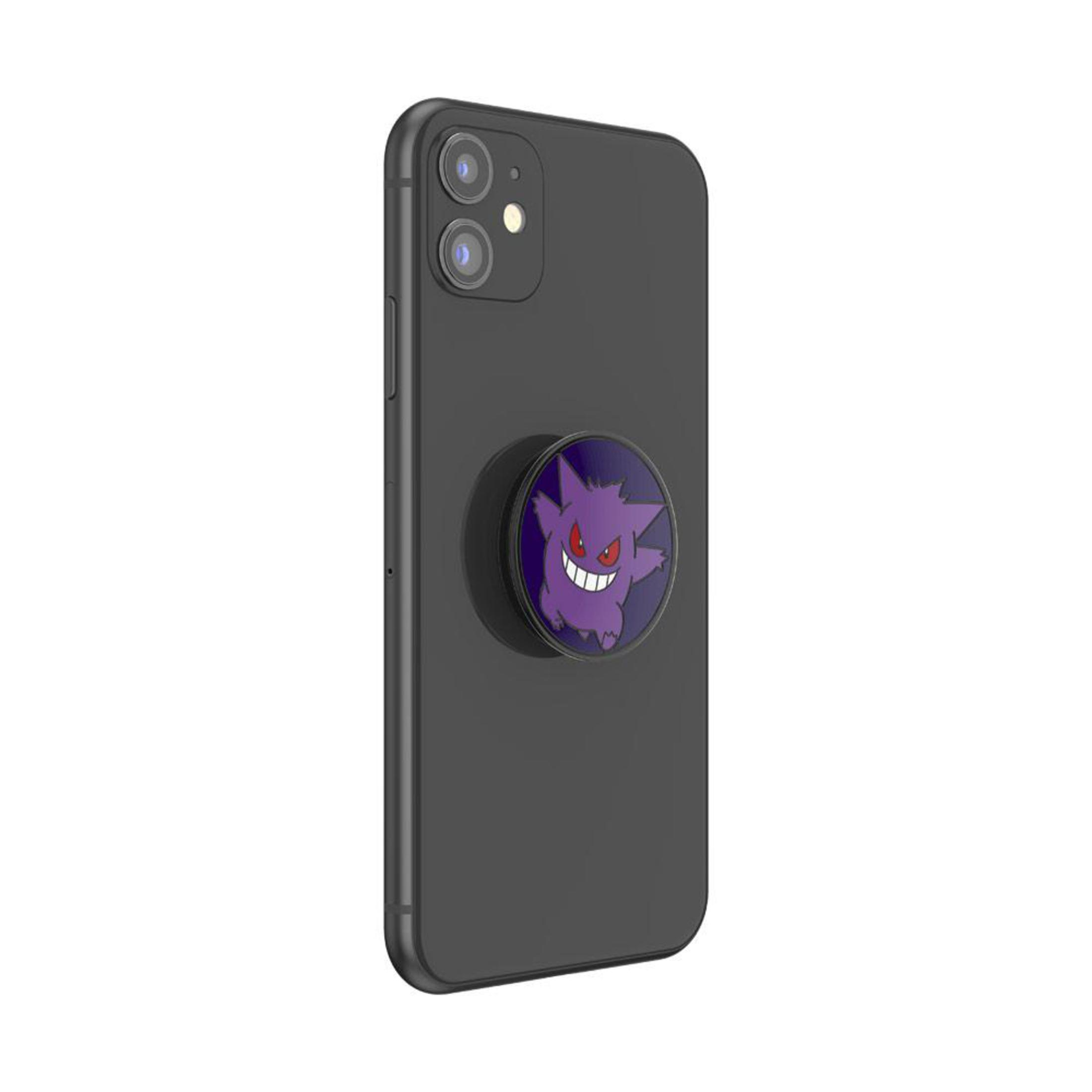 Schwarzes Telefon mit einem lila Gengar PopSocket, das lächelt.