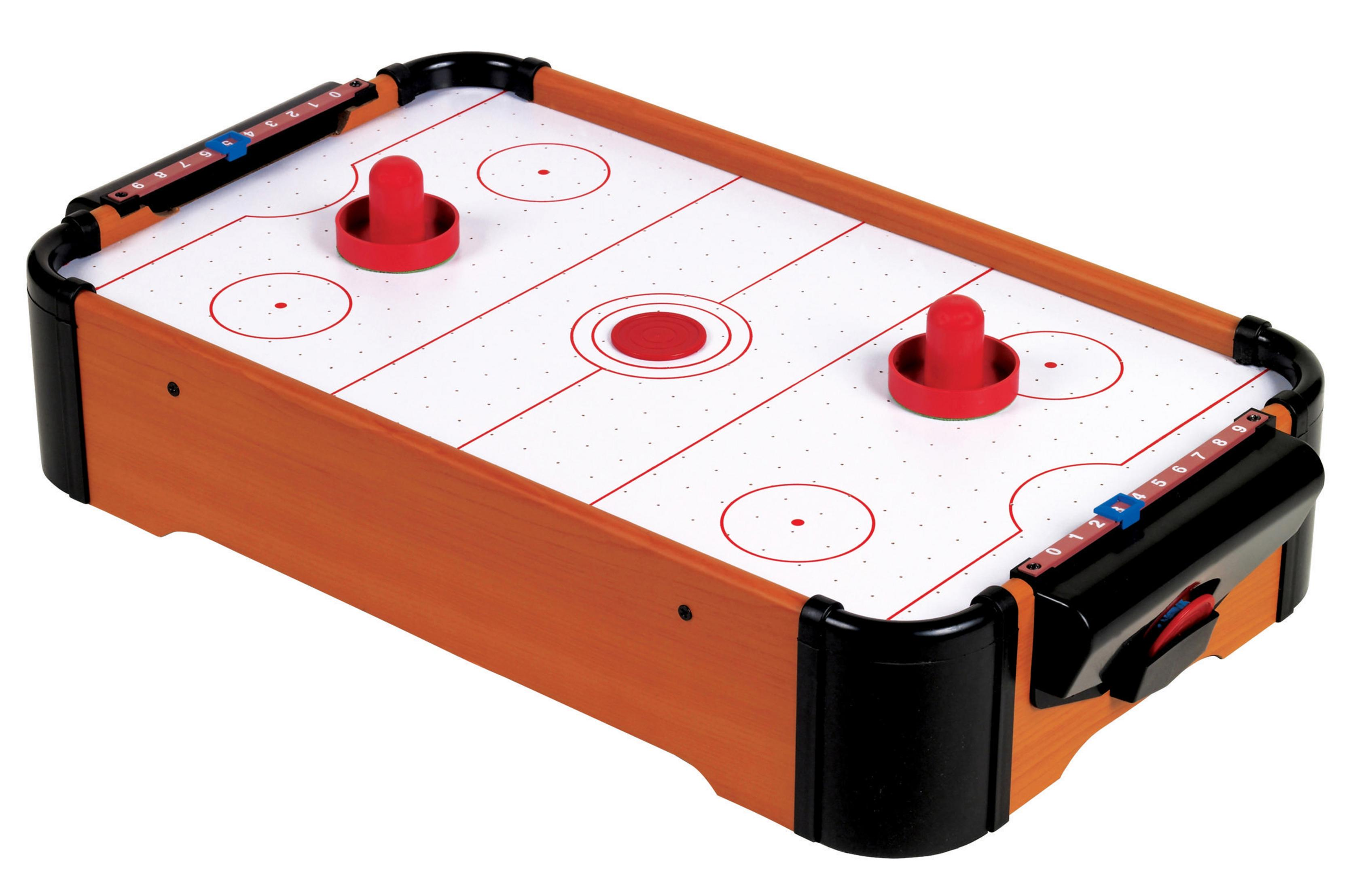 Kleiner Airhockey-Tisch mit zwei roten Pucks.