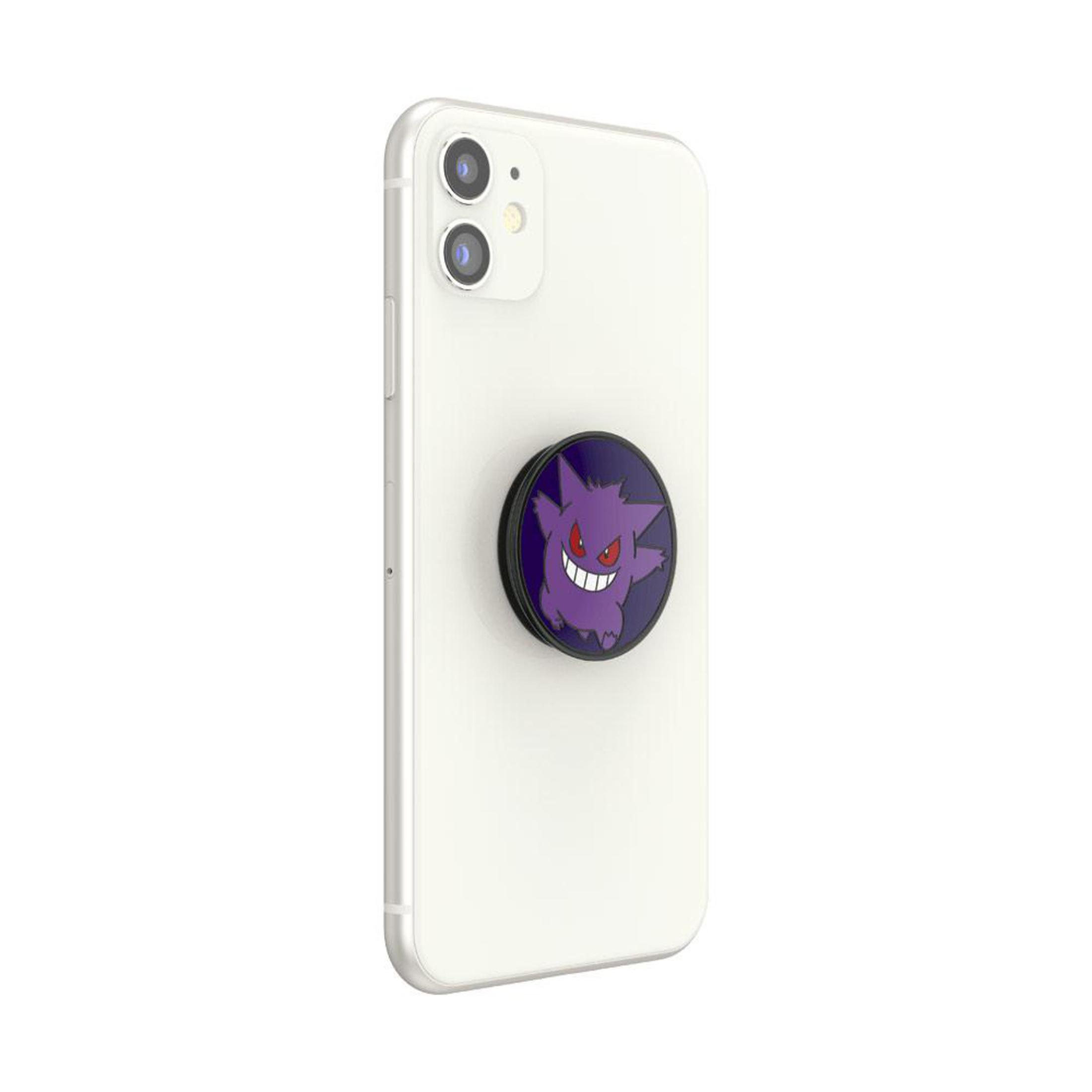 Weißes Telefon mit einem Gengar PopSocket. Der PopSocket ist lila und hat ein Gengar-Gesicht.