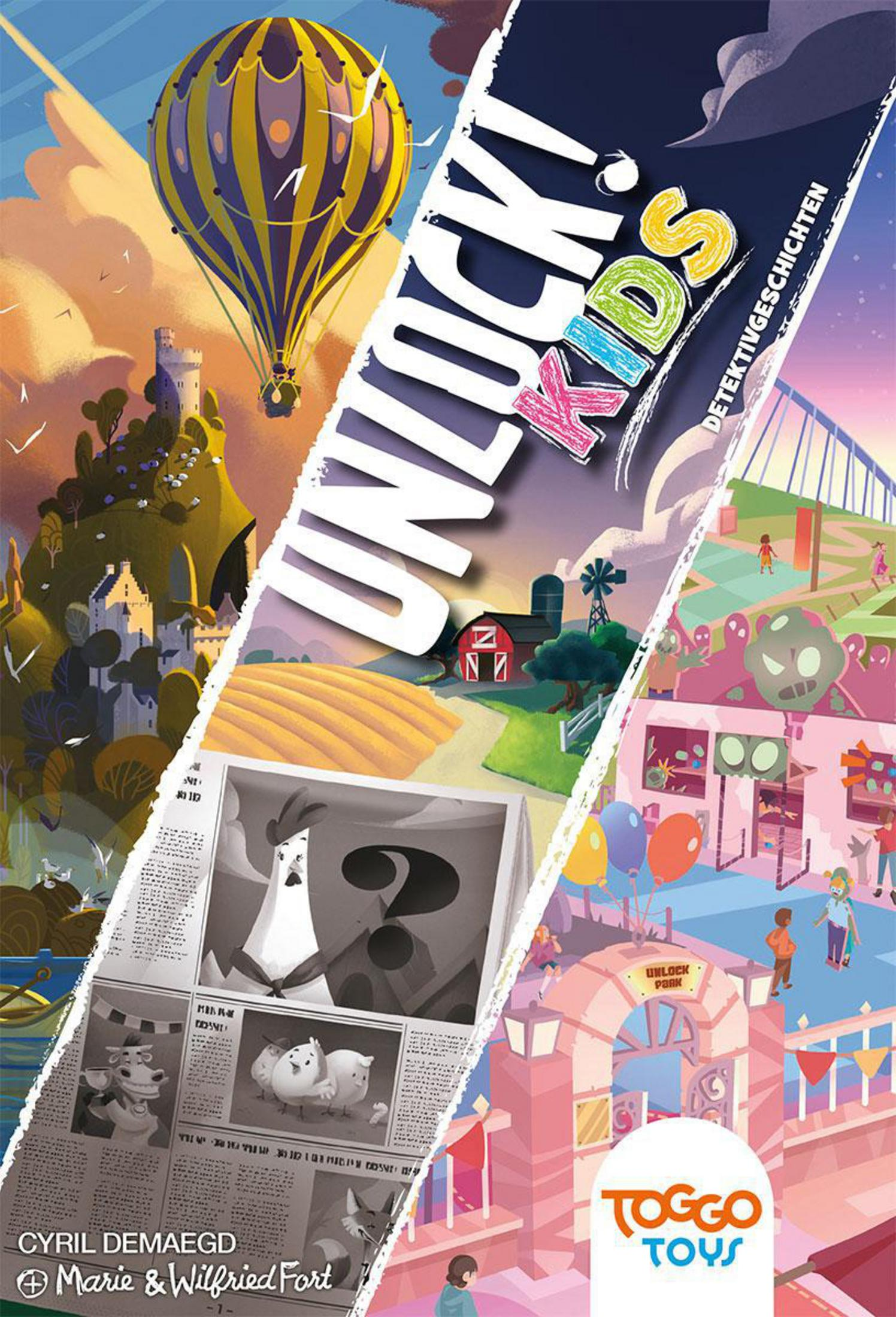 Eine Brettspielbox mit bunten Illustrationen eines Heißluftballons, einer Stadt und einer Zeitung.
