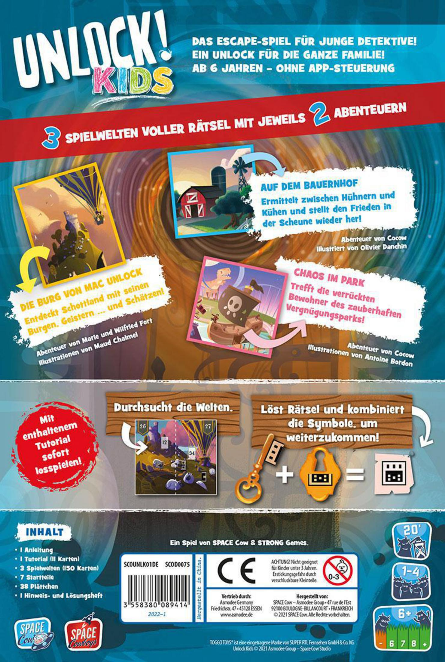 Spielbox mit einer Fantasiewelt-Illustration eines Bauernhofs und eines Piratenschiffs.