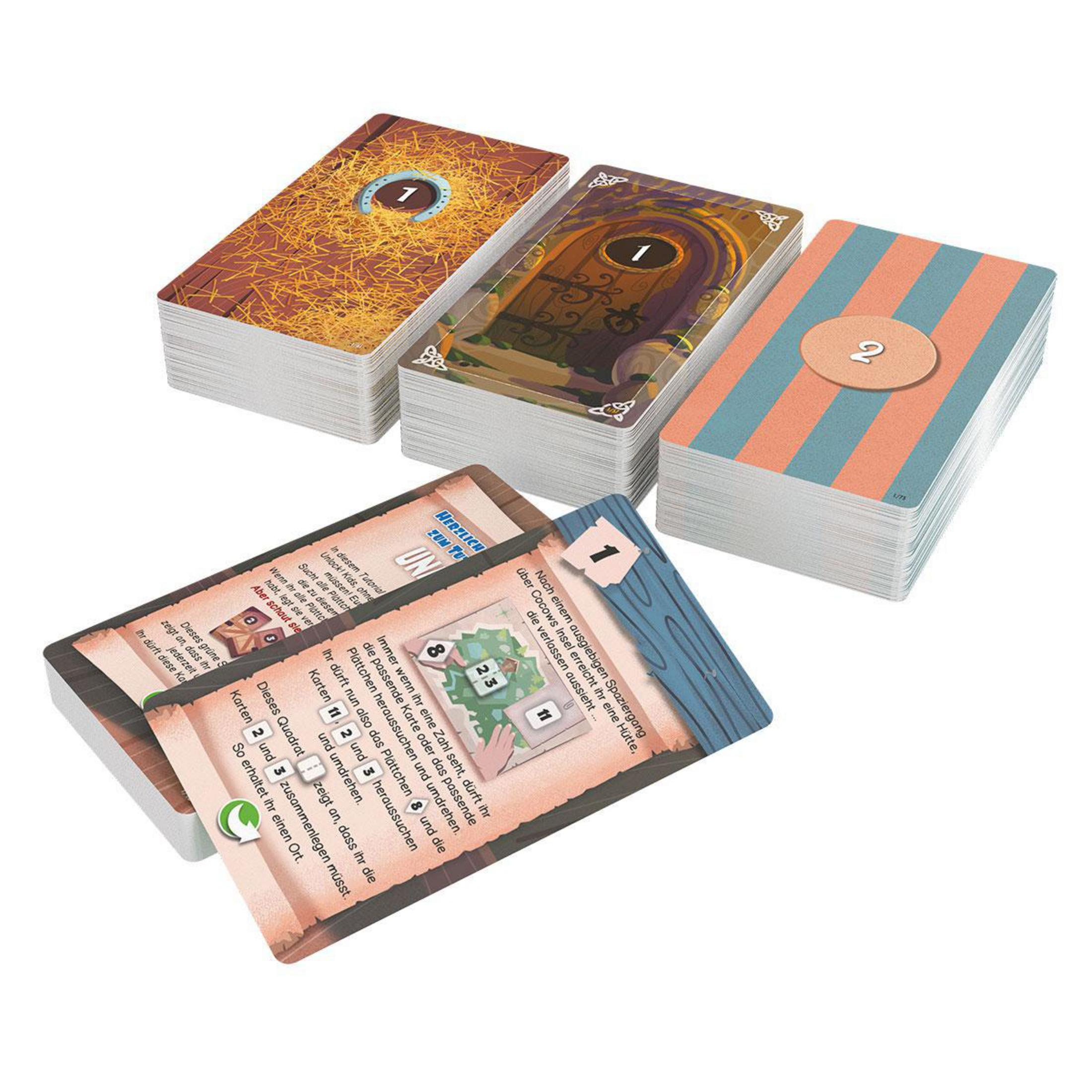 Spielkarten werden angezeigt. Einige sind offen und zeigen Zahlen und Illustrationen. Das Spiel ist auf Deutsch.