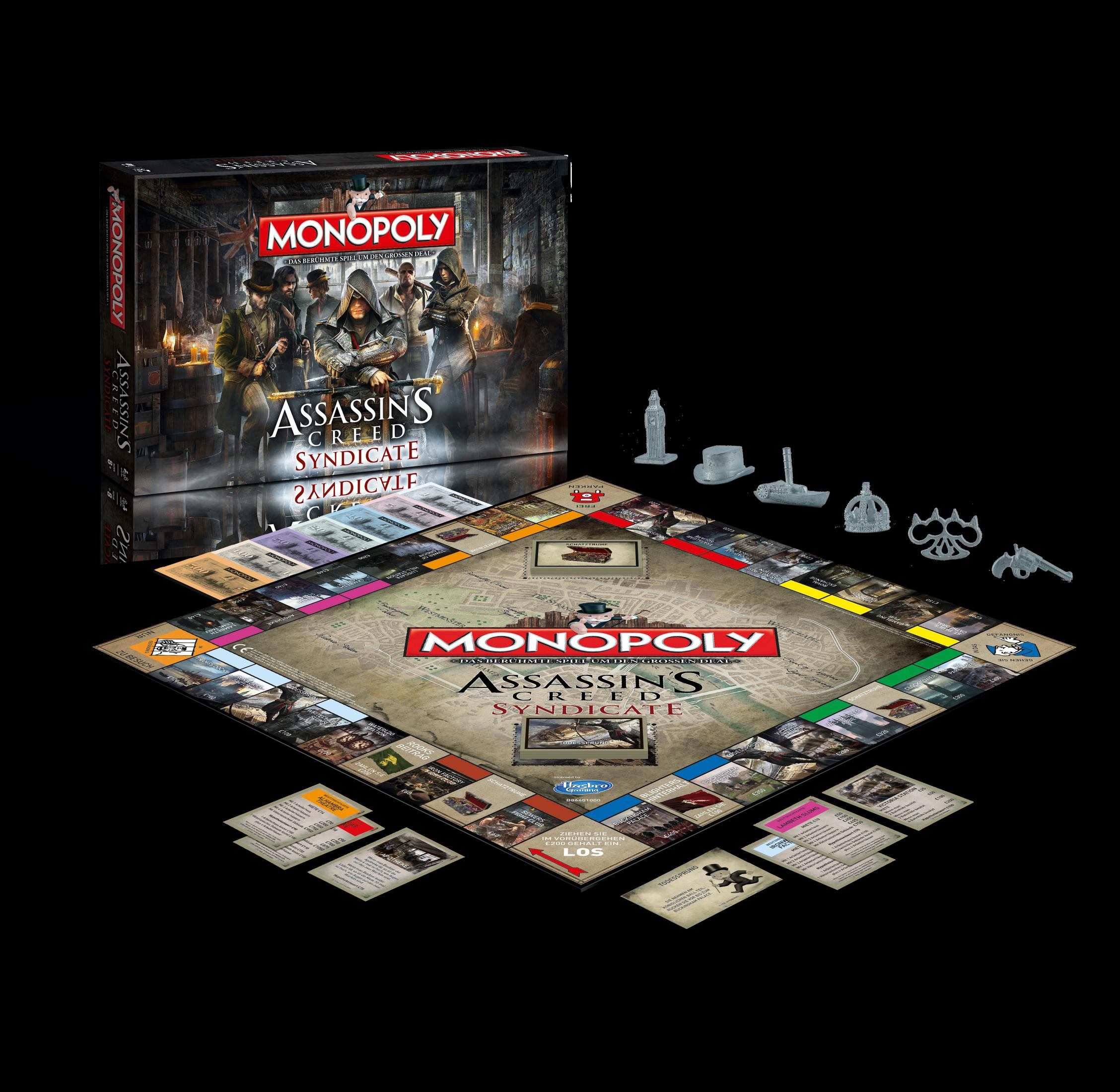 Monopoly: Assassin's Creed Syndicate Brettspiel-Set mit Spielsteinen und Box.