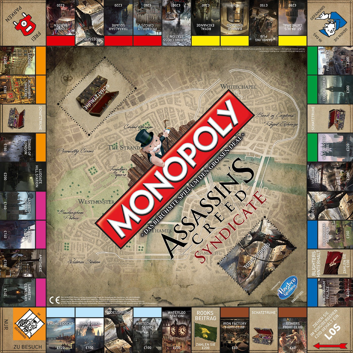 Monopoly-Brettspiel mit Assassin's Creed-Thema, mit Stadtplan und Spielfiguren.