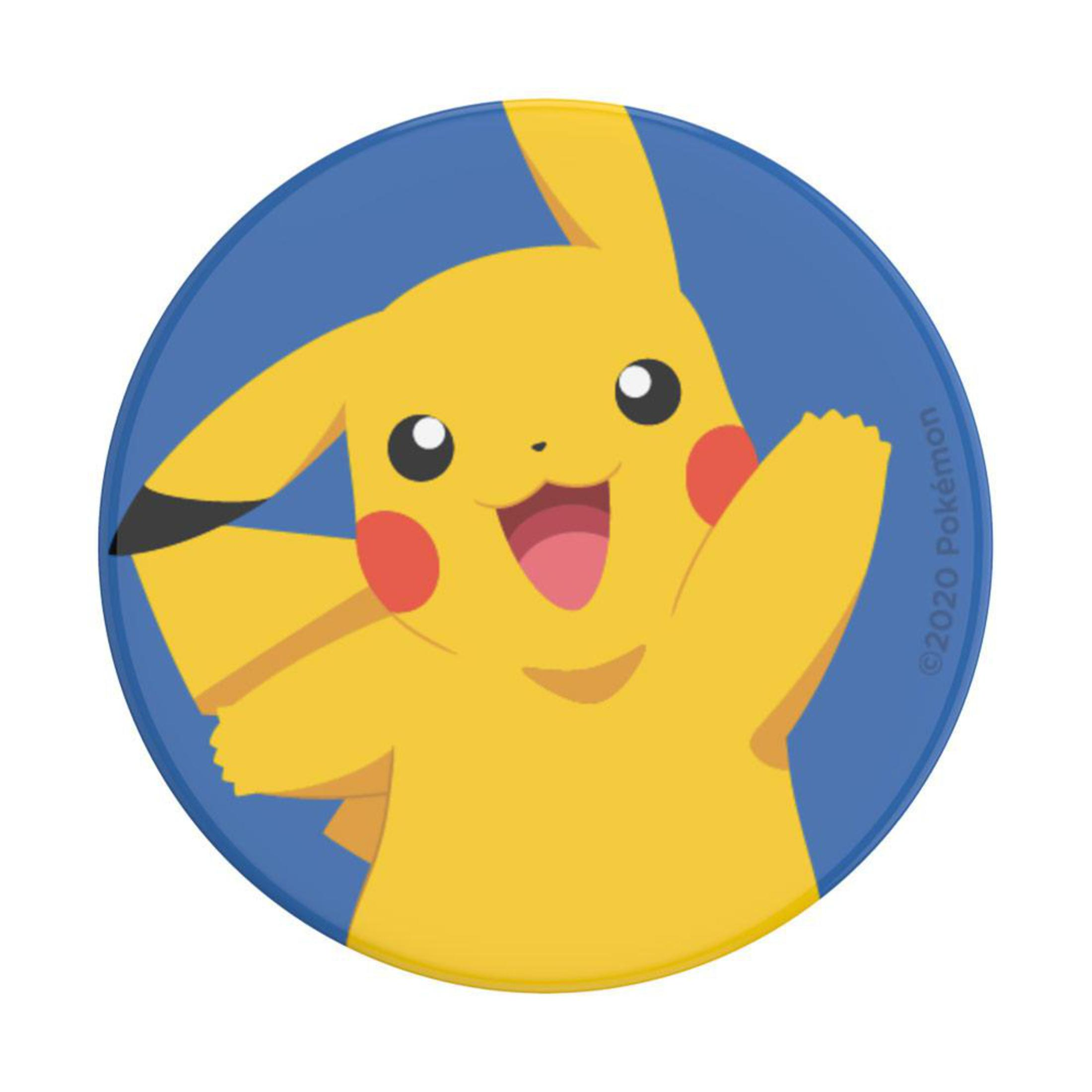 Un PopSocket di Pikachu su sfondo blu. Il personaggio Pokémon sta sorridendo.