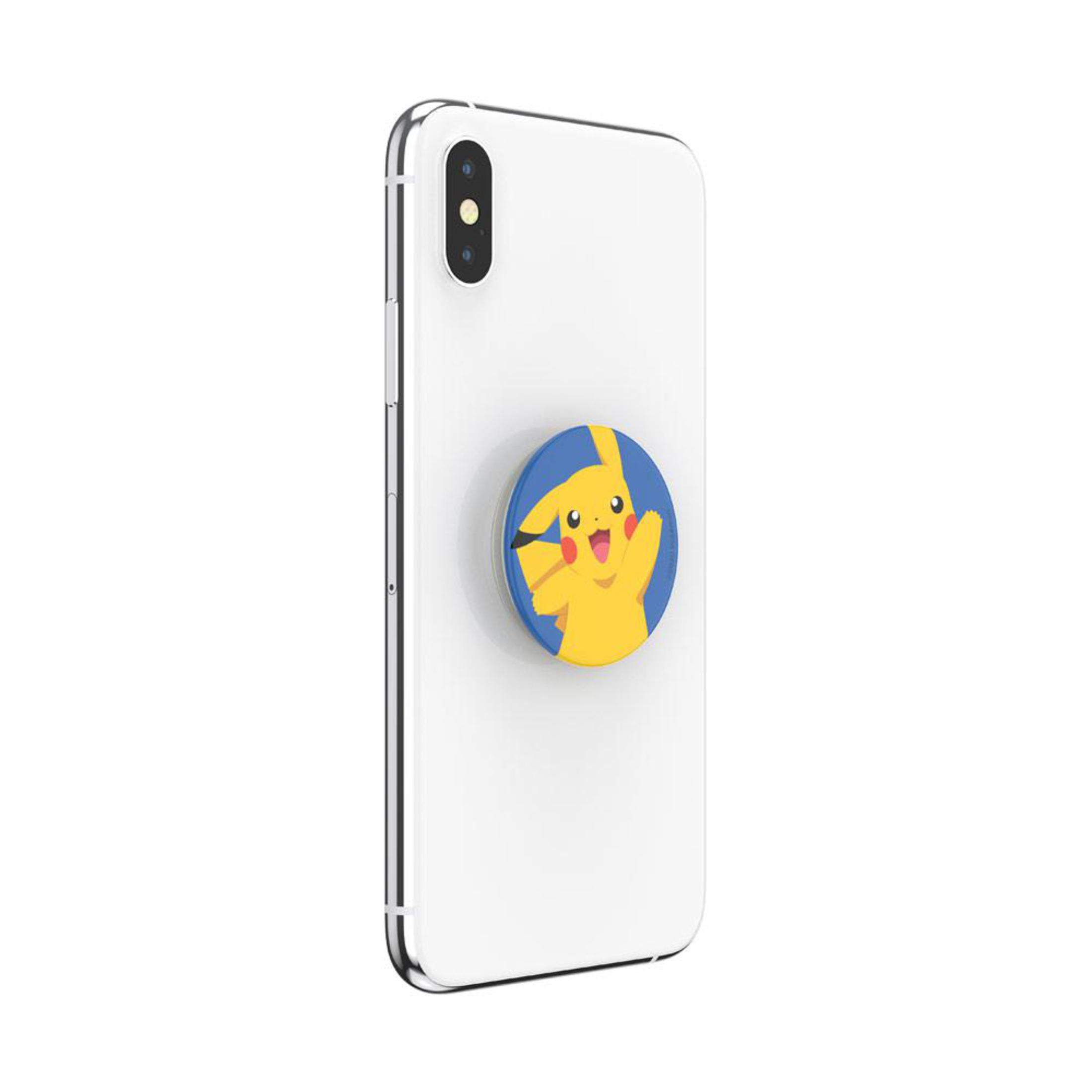 Telefono bianco con un PopSocket di Pikachu. Pikachu è giallo e ha uno sfondo blu.