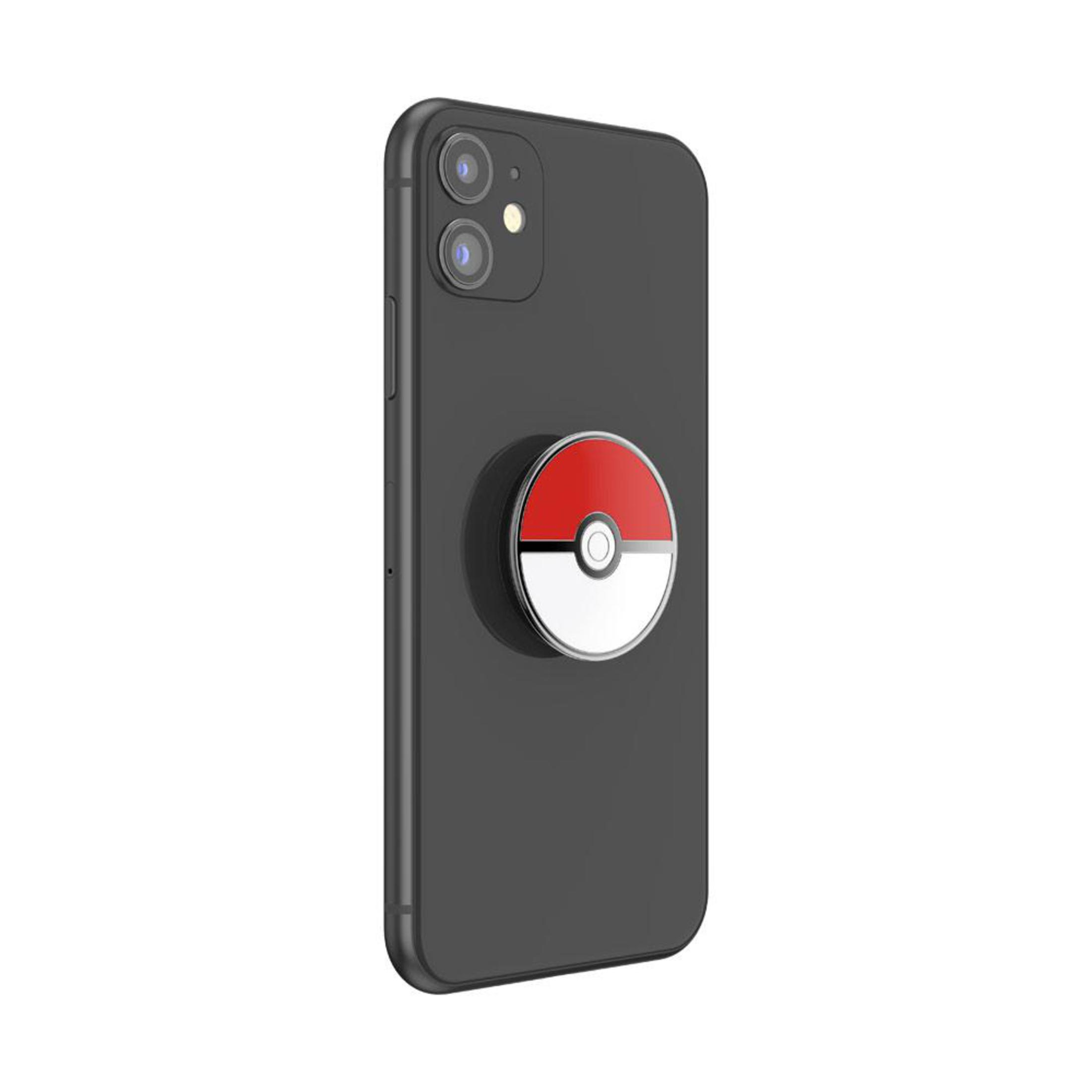 Un teléfono negro con un Pop Socket de Poké Ball rojo y blanco adjunto en la parte posterior.
