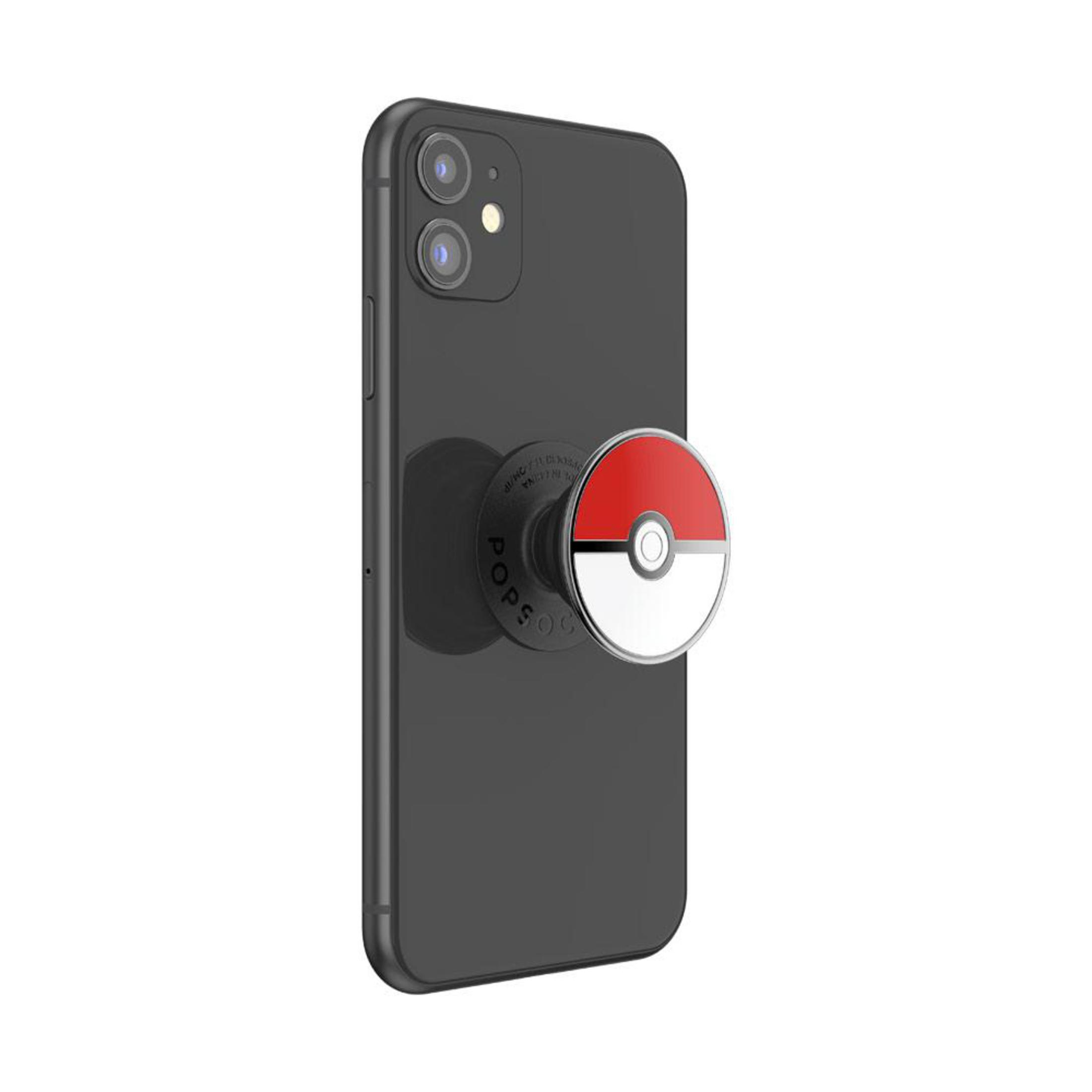 Un teléfono con un PopSocket de Pokémon. El PopSocket es rojo, blanco y negro.
