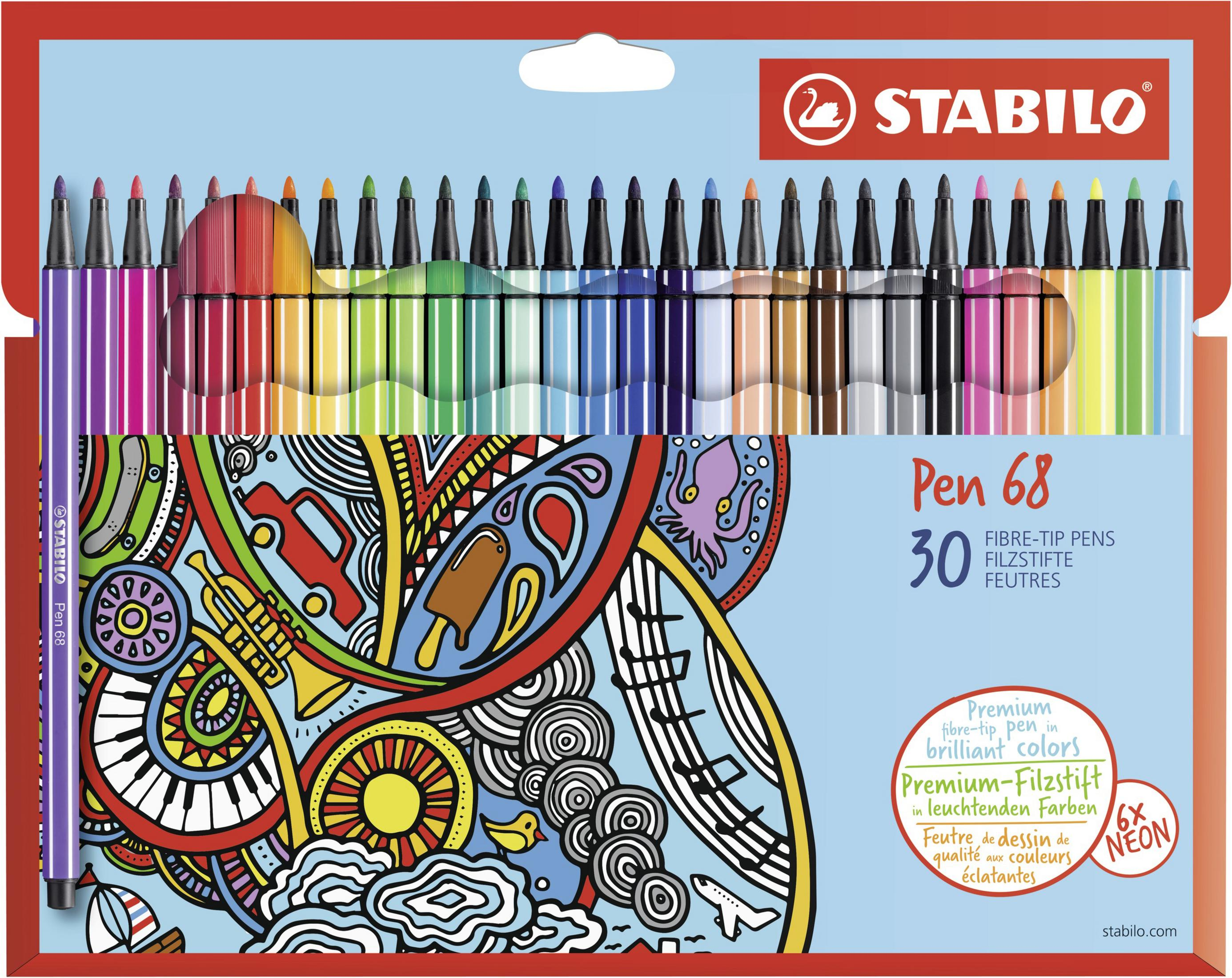 Box mit Stabilo Pen 68 Filzstiften in verschiedenen leuchtenden Farben.