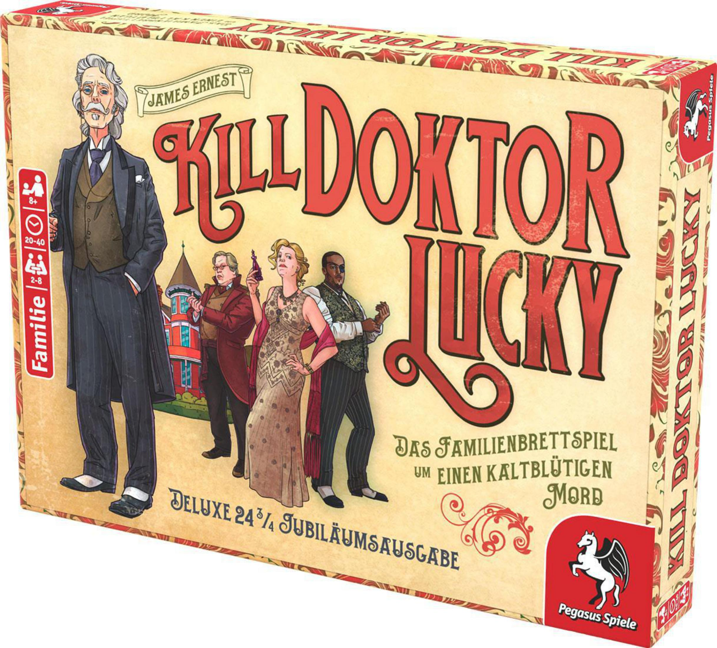 Schachtel für Kill Doctor Lucky Brettspiel, mit Charakterillustrationen.
