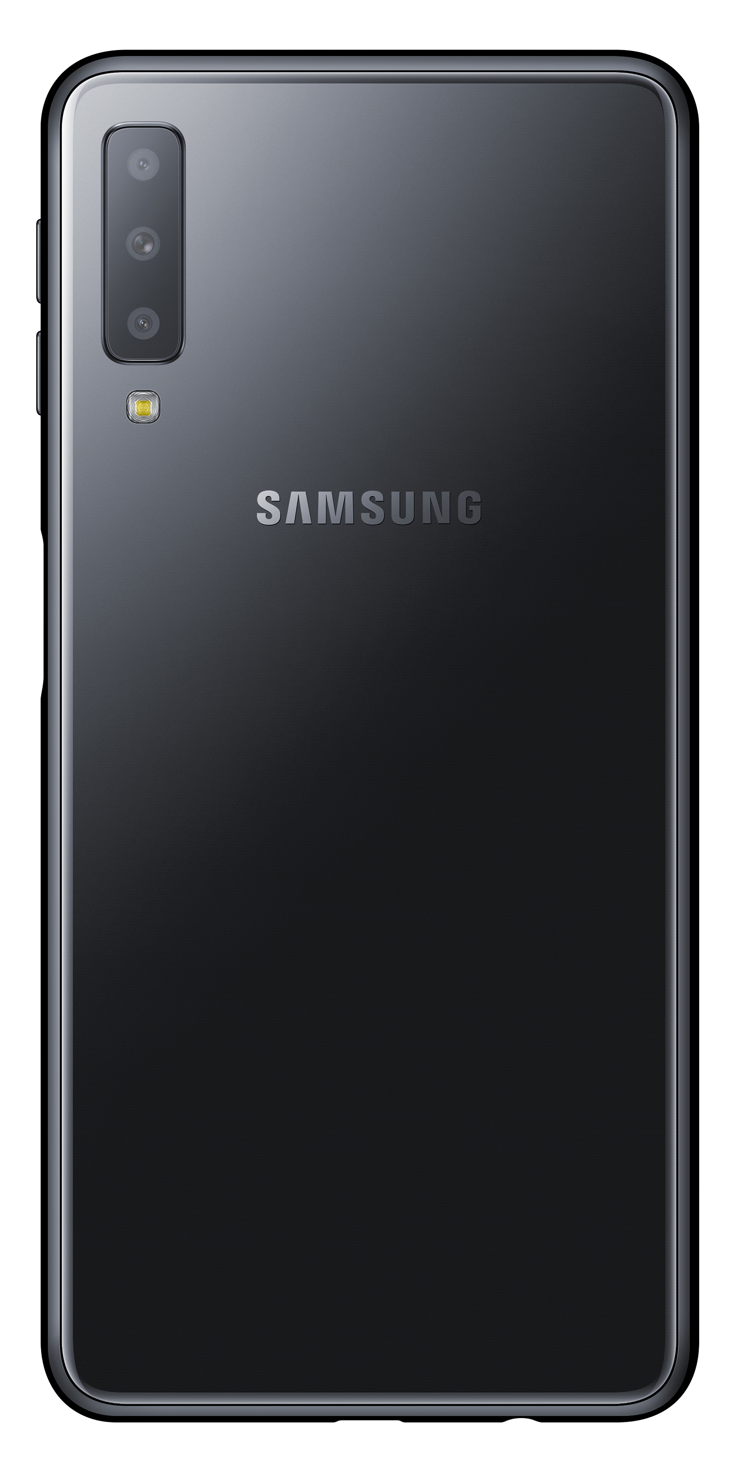 Retro del telefono Samsung nero con tre fotocamere. Il logo è visibile. Il telefono è su sfondo bianco.