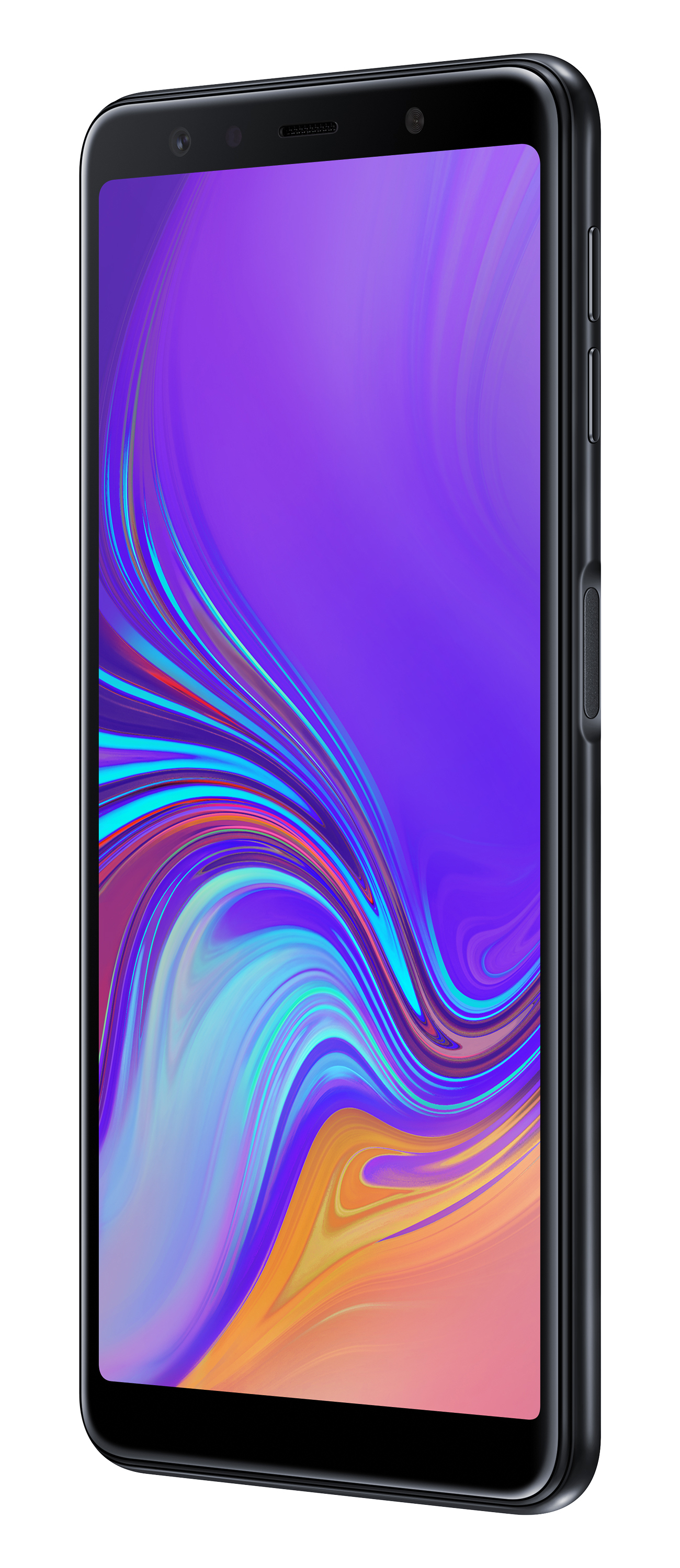 Uno smartphone nero con schermo viola e blu. Il telefono è visto da un'angolazione laterale su sfondo bianco.