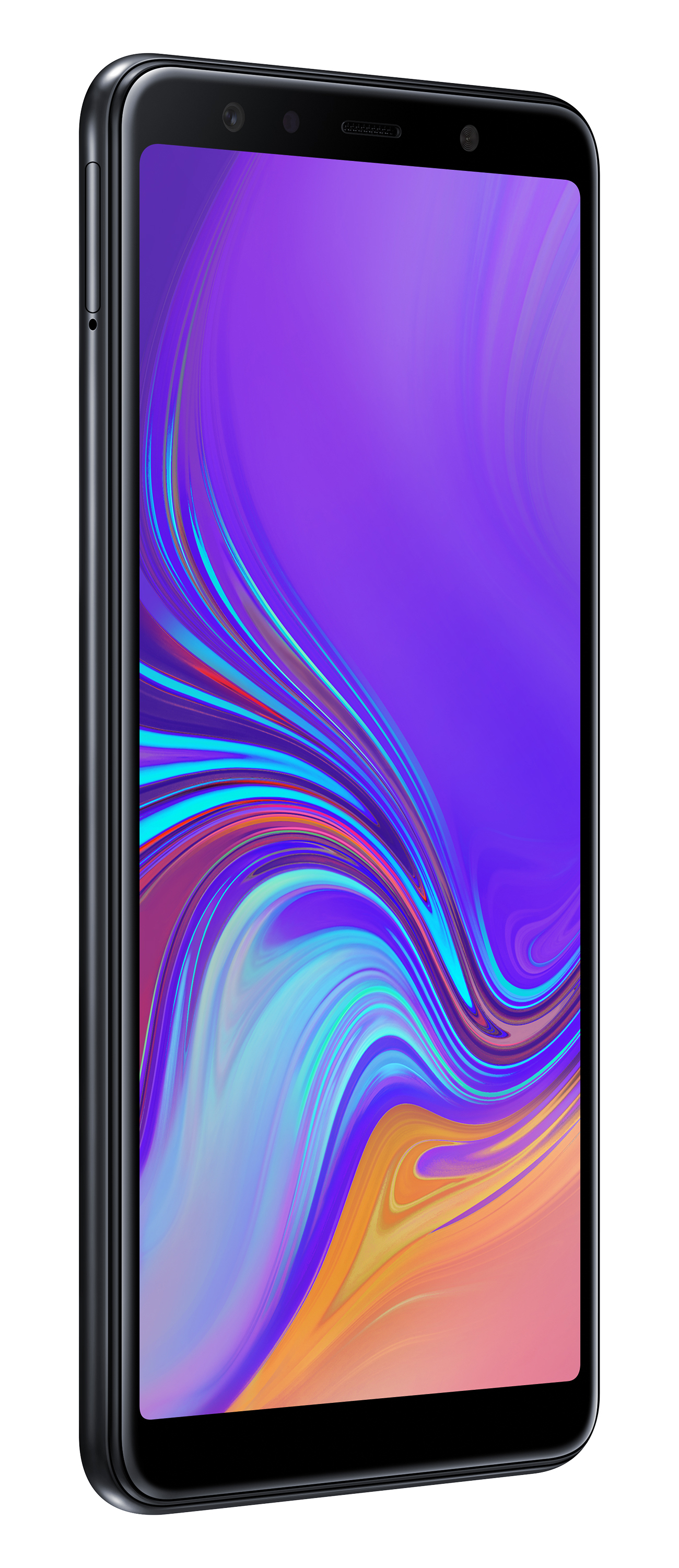 Smartphone nero, schermo viola-blu. Vista laterale.