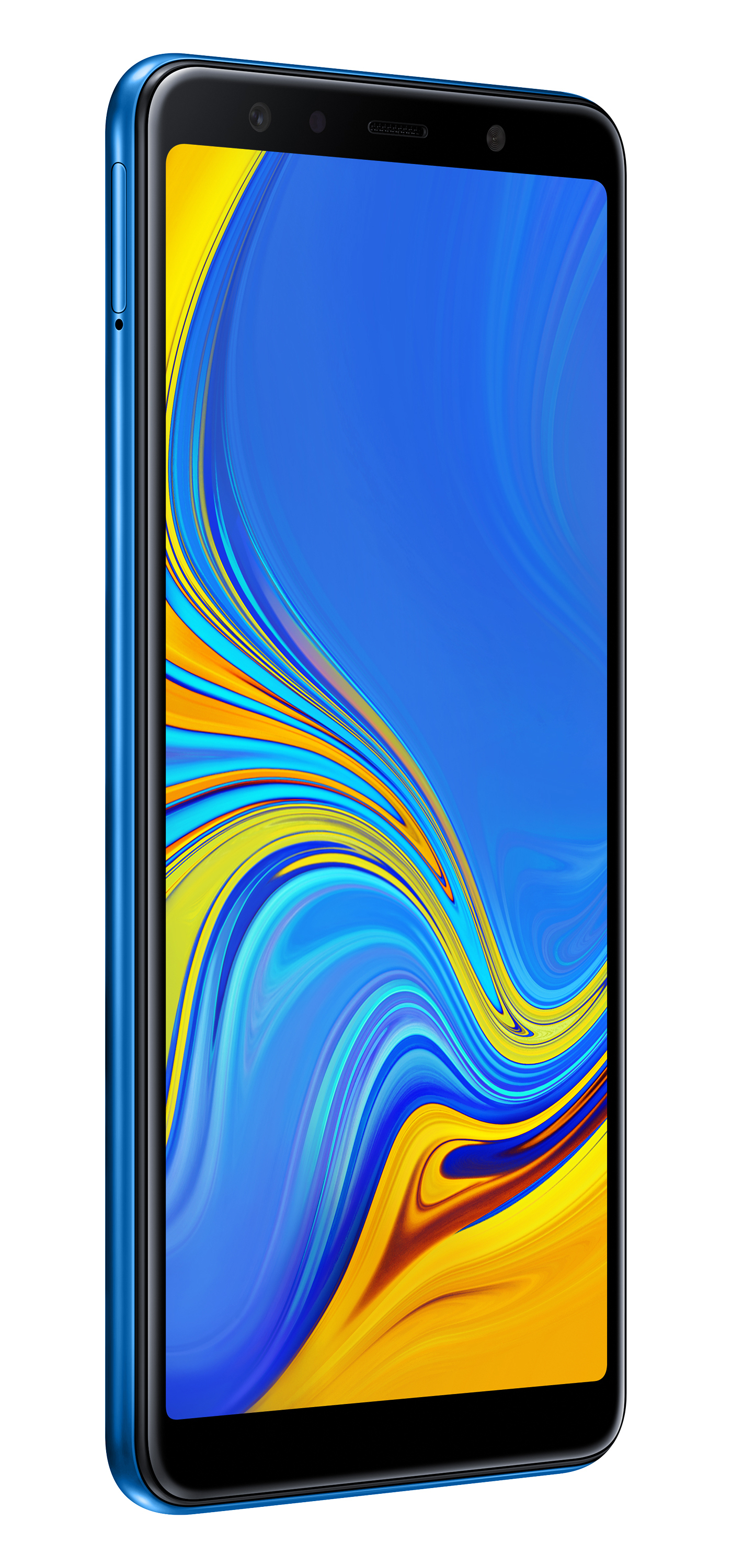 Blaues Samsung-Telefon, Bildschirm zeigt Blau, schwarzer Rahmen.