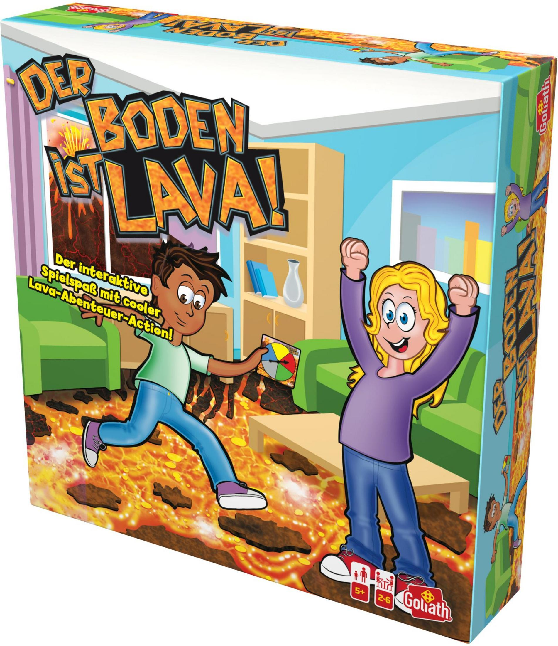 Scatola di un gioco da tavolo, due bambini che giocano sulla lava, titolo del gioco 'Der Boden ist Lava!'.