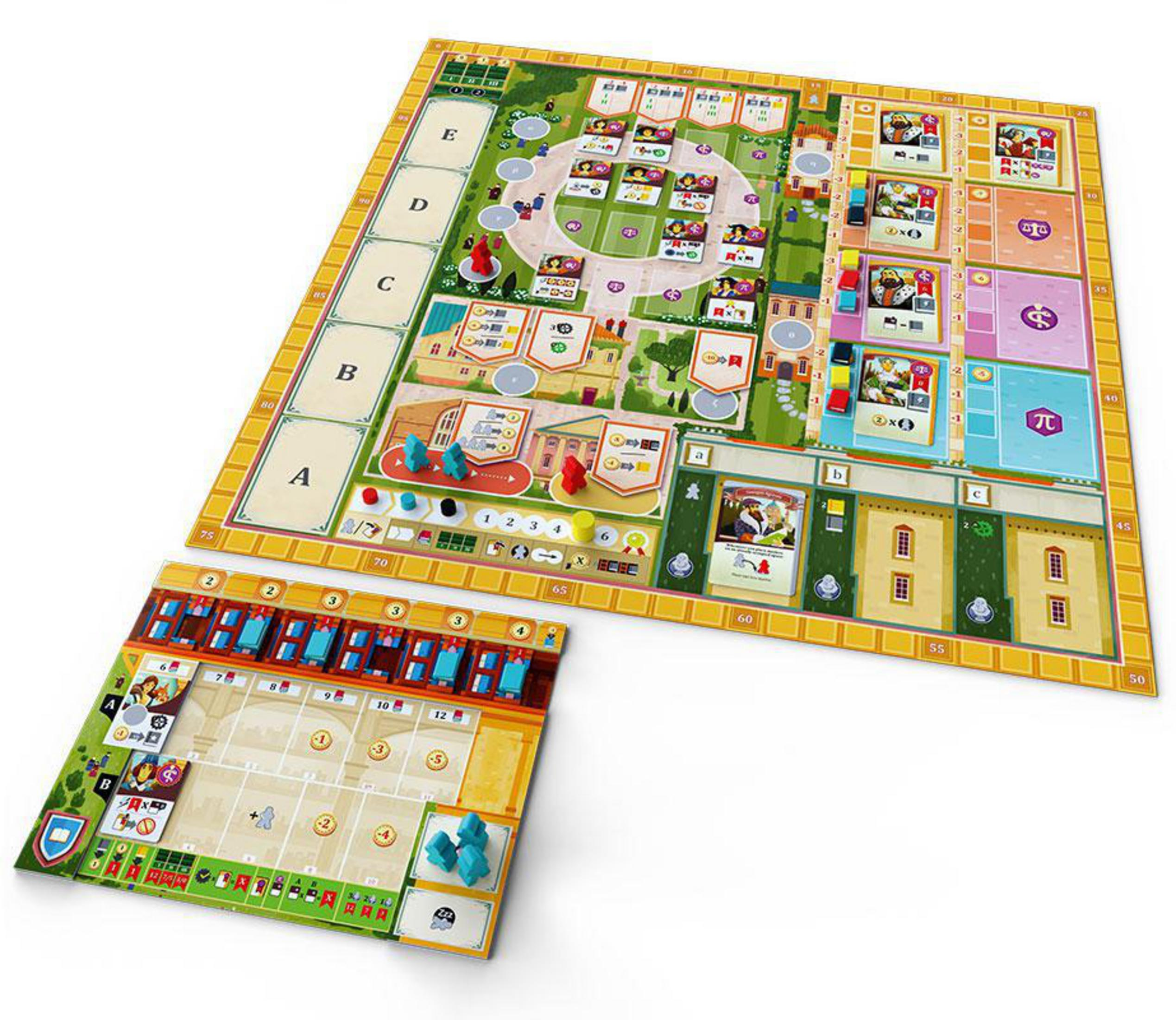 Zweiteiliges Brettspiel, mit einem Hauptbrett und einem kleineren. Das Hauptbrett ist mit Spielelementen gefüllt.