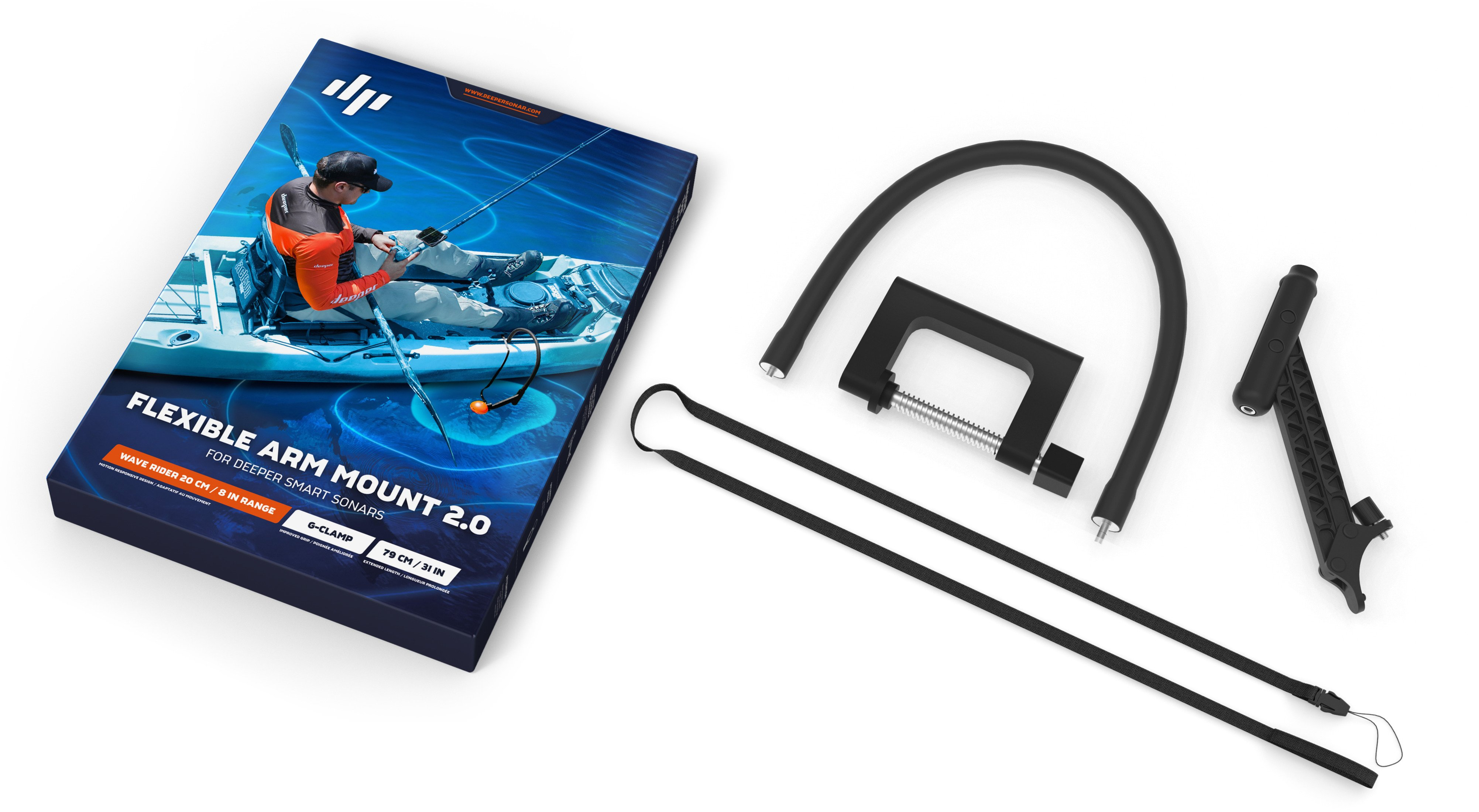 Box mit flexiblem Armhalter 2.0 für tiefere intelligente Sonare. Enthält schwarzen Klemmhalter und Seile.
