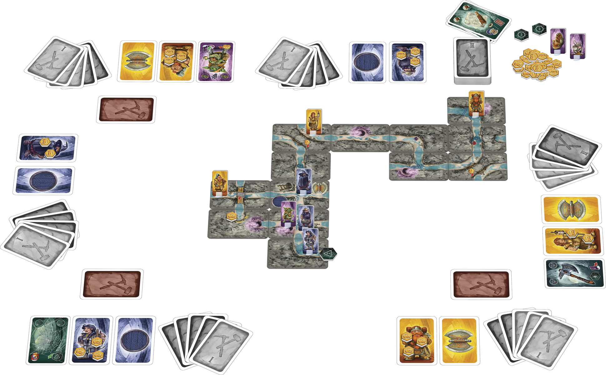 Brettspiel-Setup mit Karten, Goldmünzen und Spielsteinen auf einer Oberfläche.