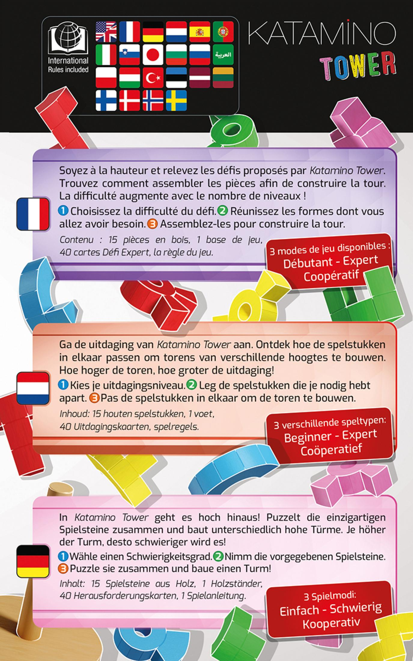 Un jeu de société avec boîte et pièces est présenté, avec des instructions en différentes langues.