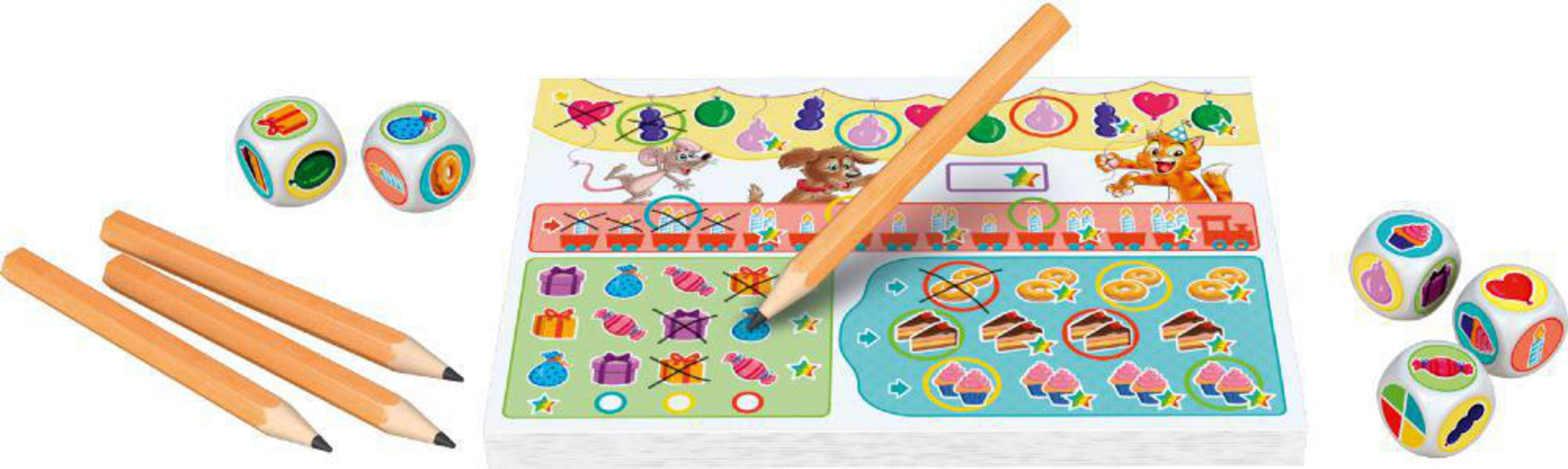 Kinderspiel mit Würfeln, Bleistiften und einem Spielbrett mit Bildern.