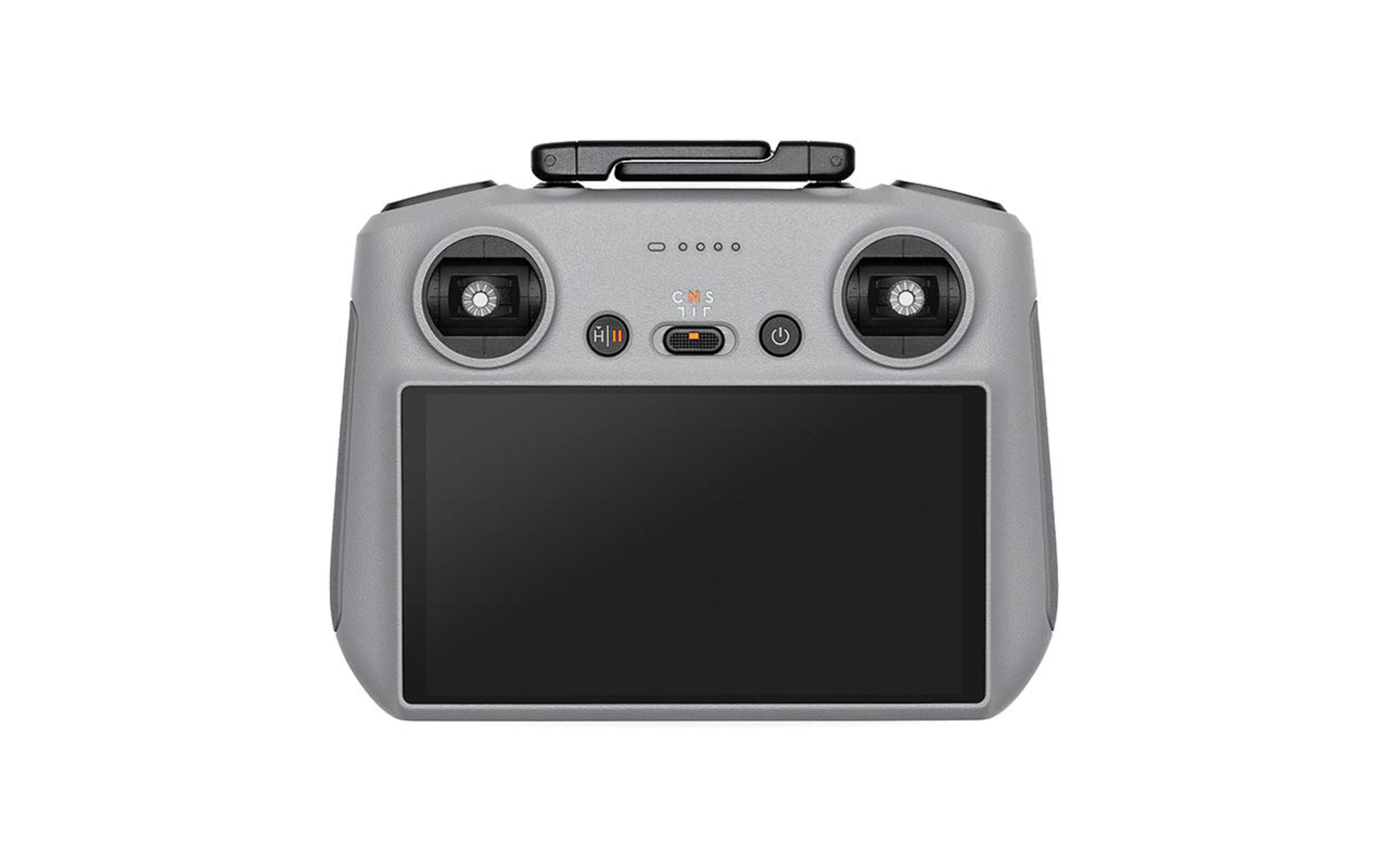 Ein grauer Drohnen-Controller. Es hat Joysticks, Tasten und einen Bildschirm.