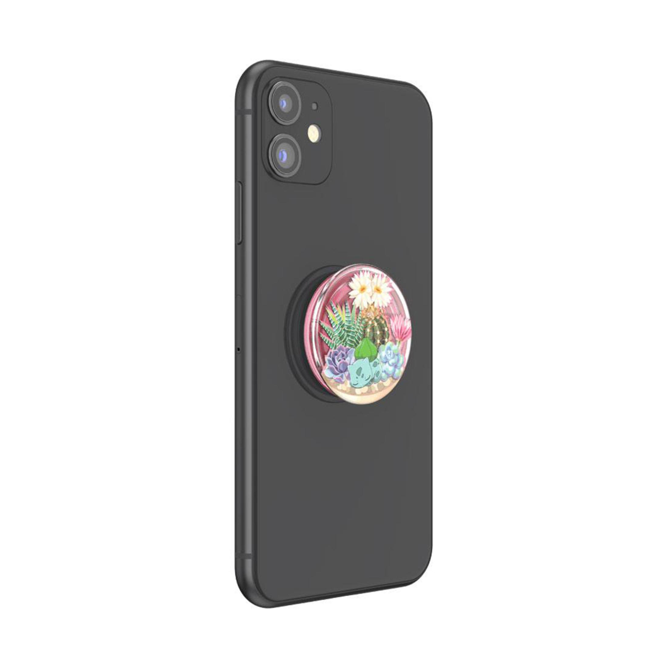 Smartphone nero con un PopSocket con un design di piante grasse e fiori, su sfondo bianco.