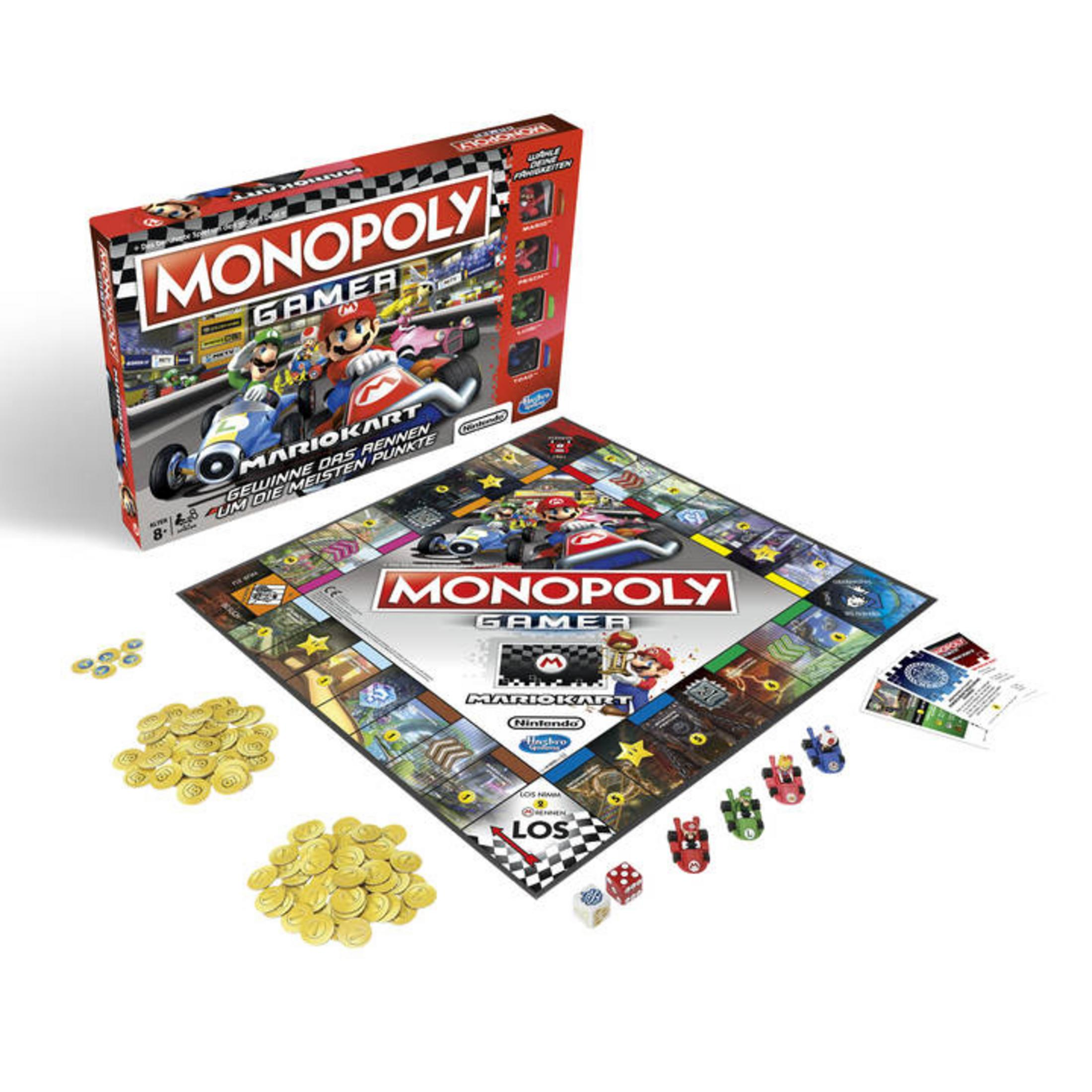Monopoly Gamer Brettspielbox und Spielbrett mit Spielfiguren.