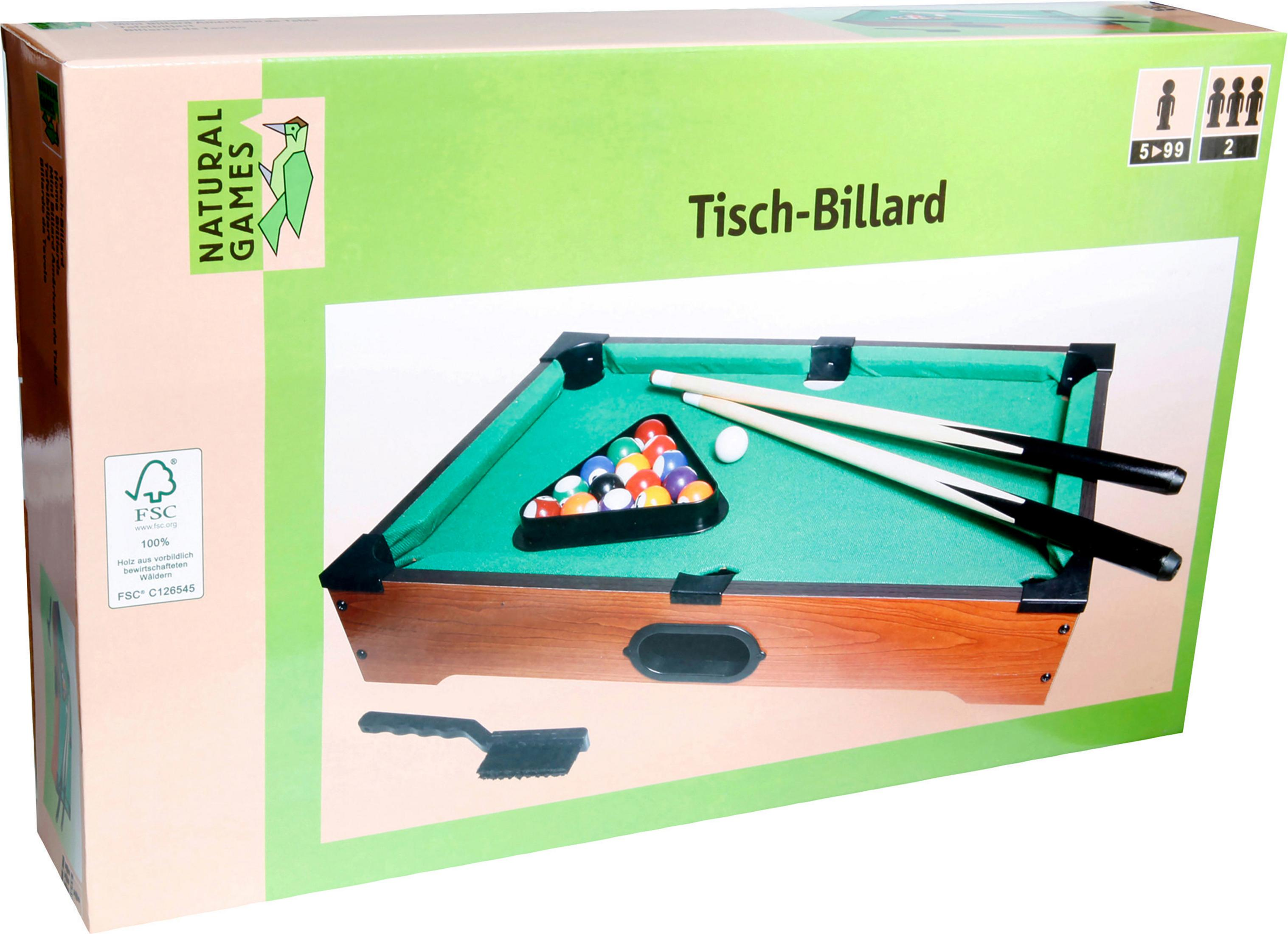 Box Tischbillard-Set. Grünes Filz, braunes Holz, Queues, Kugeln.