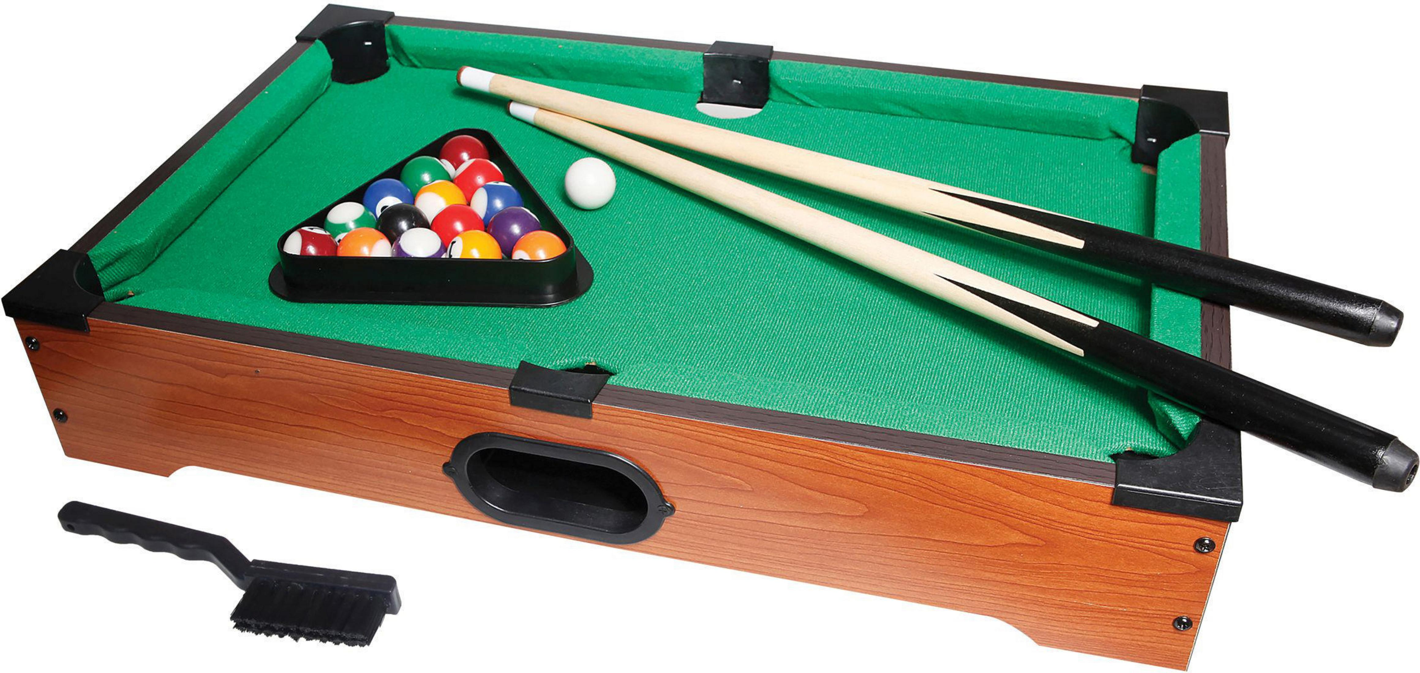 Miniatur-Billardtisch mit Kugeln im Dreieck, Queues und Bürste. Holz mit grünem Filz.
