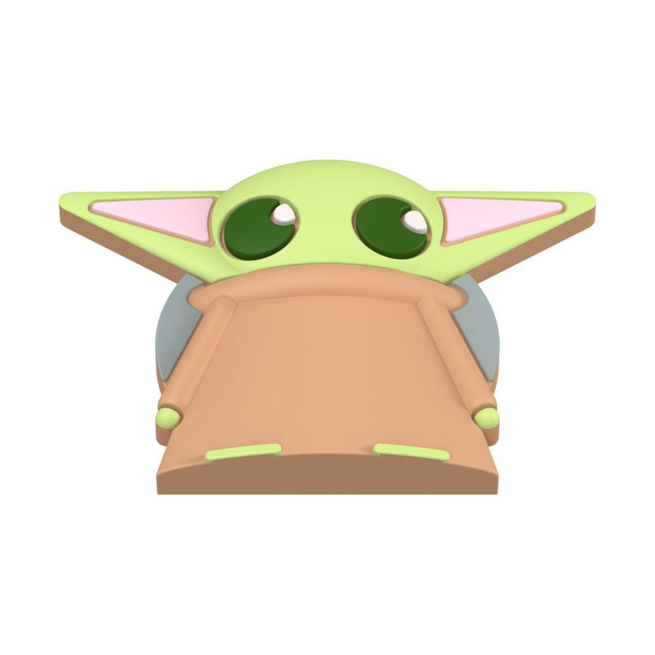 Baby Yoda PopSocket. Hellgrüner Kopf, große Augen, braune Robe, grüner Sockel. Weißer Hintergrund.