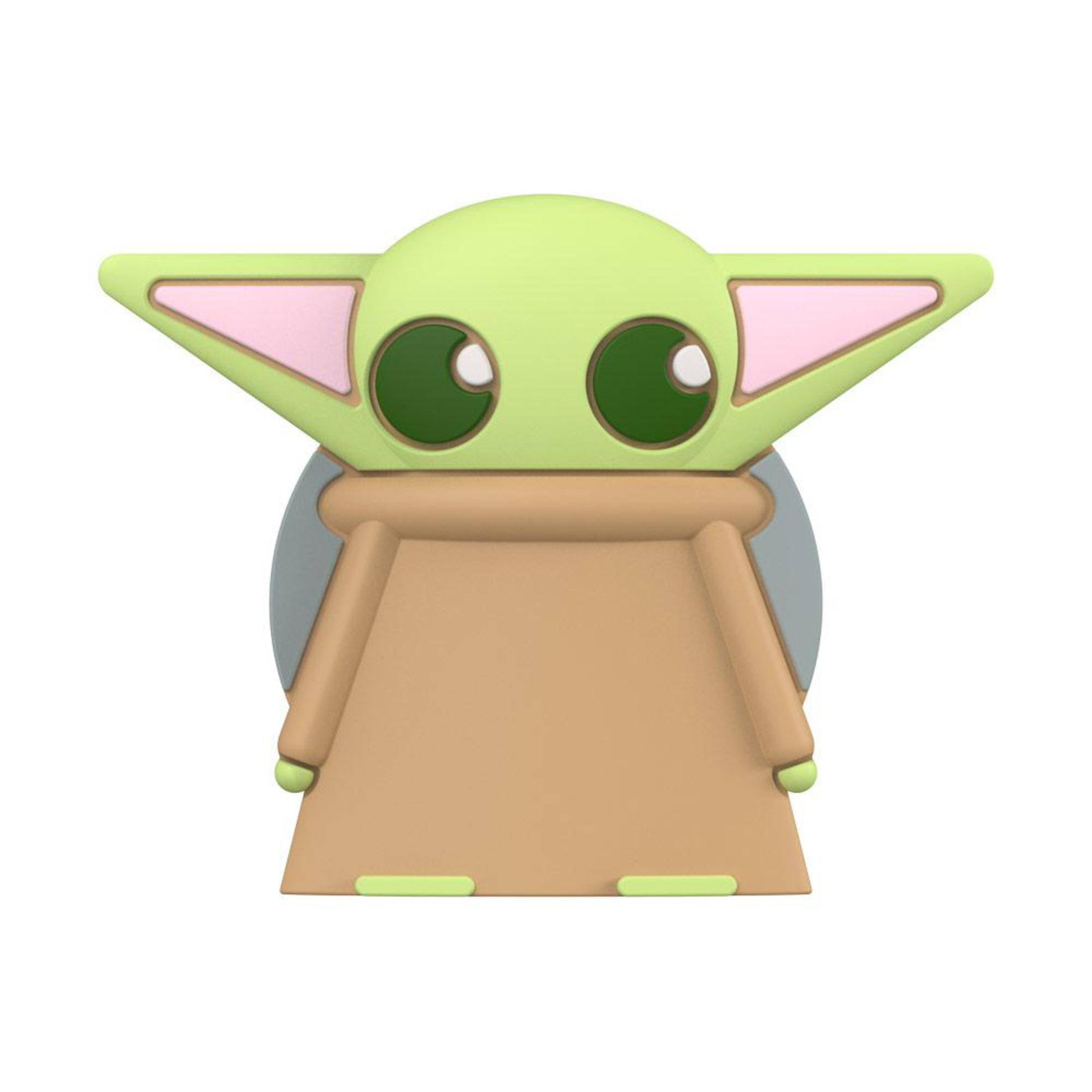 Baby Yoda PopSocket. Hellgrüner Kopf, große Augen, braune Robe, grüner Sockel. Weißer Hintergrund.