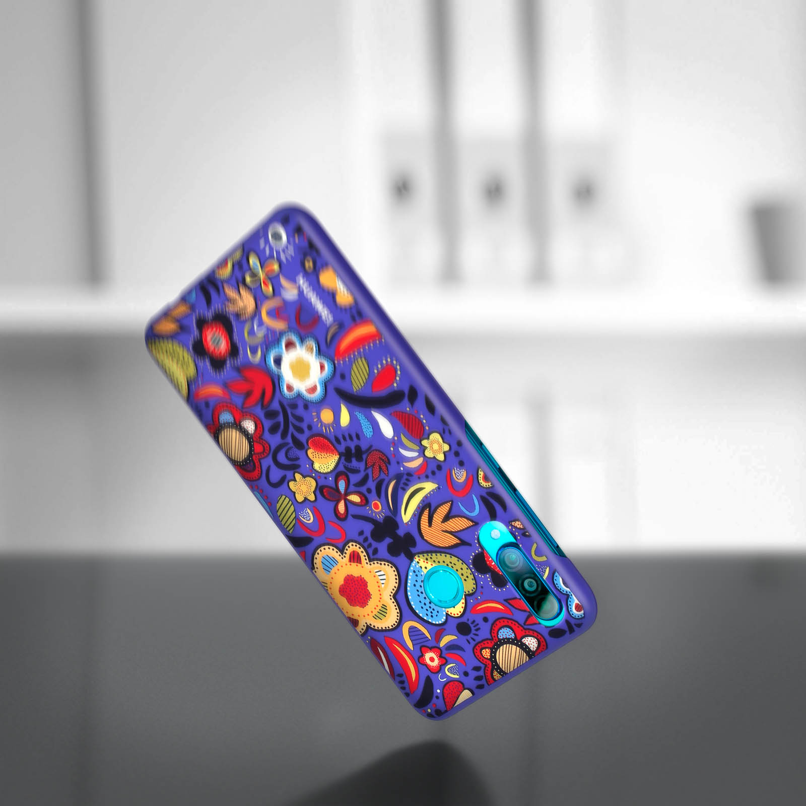 Custodia per smartphone con design floreale colorato. È uno sfondo viola.
