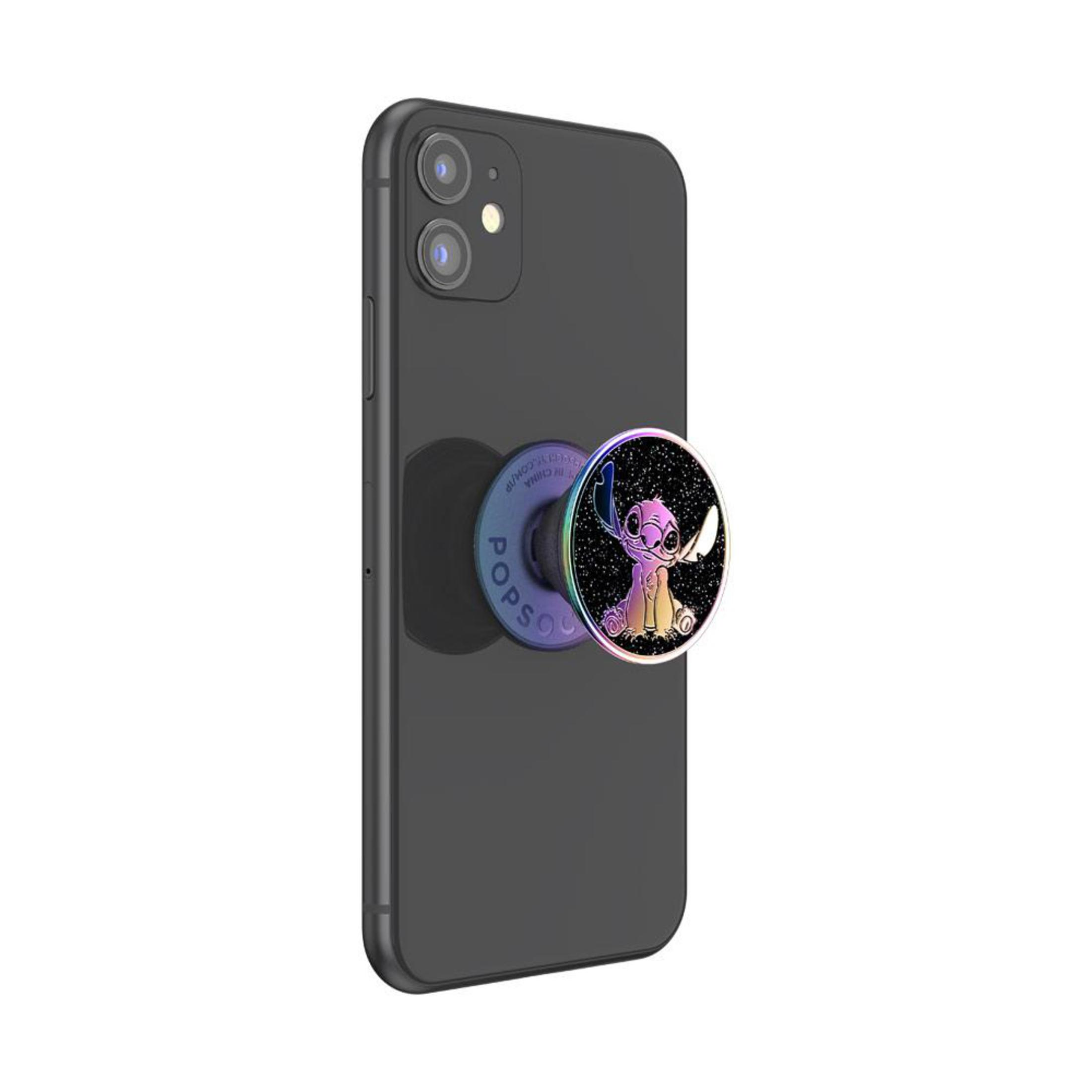 Un telefono nero con un popsocket di Stitch, con un personaggio dei cartoni animati su sfondo bianco.