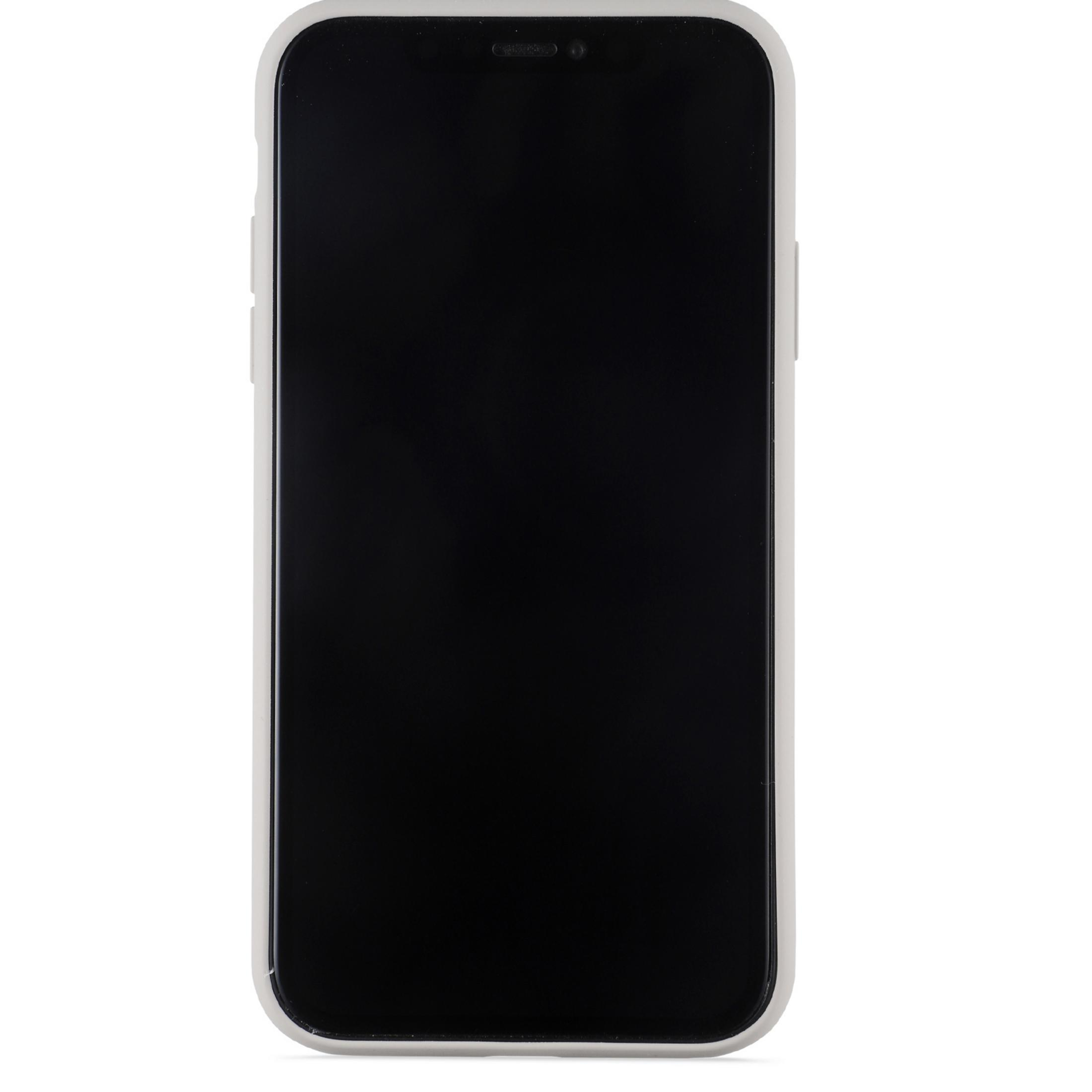 Ein Smartphone mit schwarzem Bildschirm und weißem Rahmen auf weißem Hintergrund.