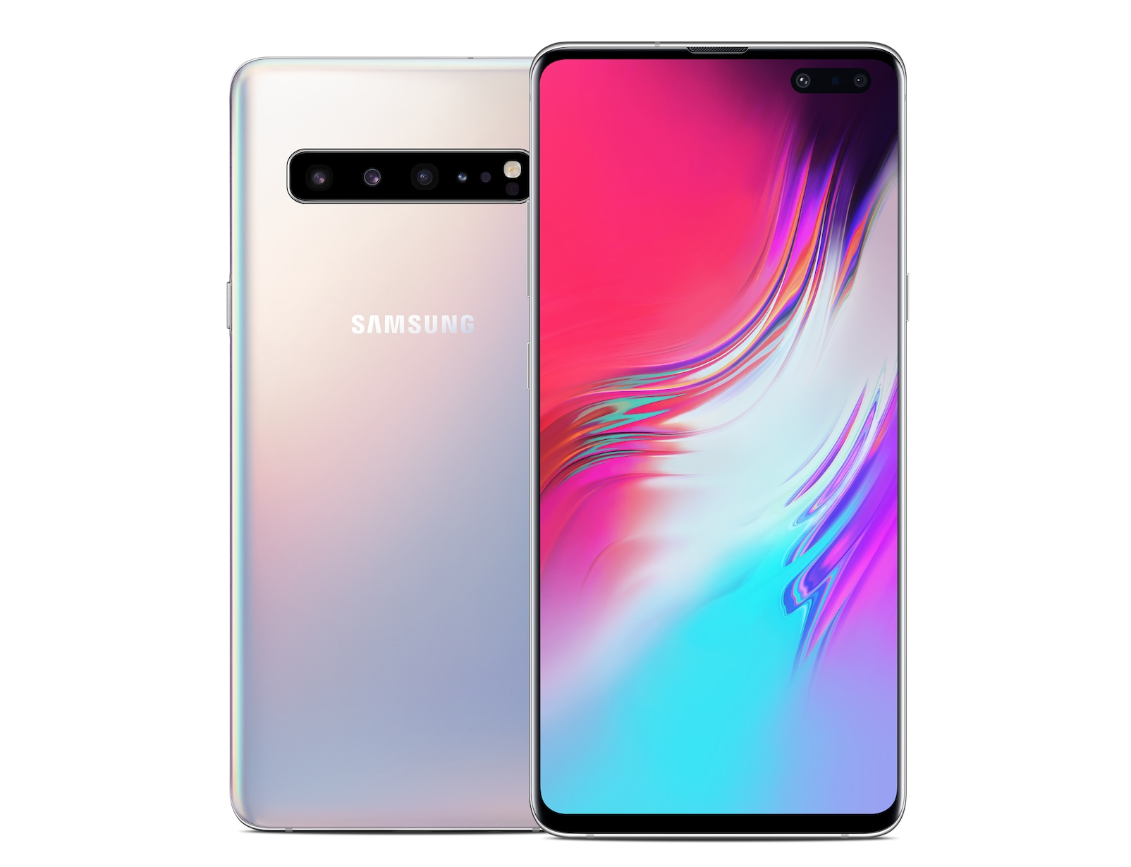 Ein Samsung-Telefon. Die Vorderseite zeigt den Bildschirm, die Rückseite ist silberfarben mit mehreren Kameras.