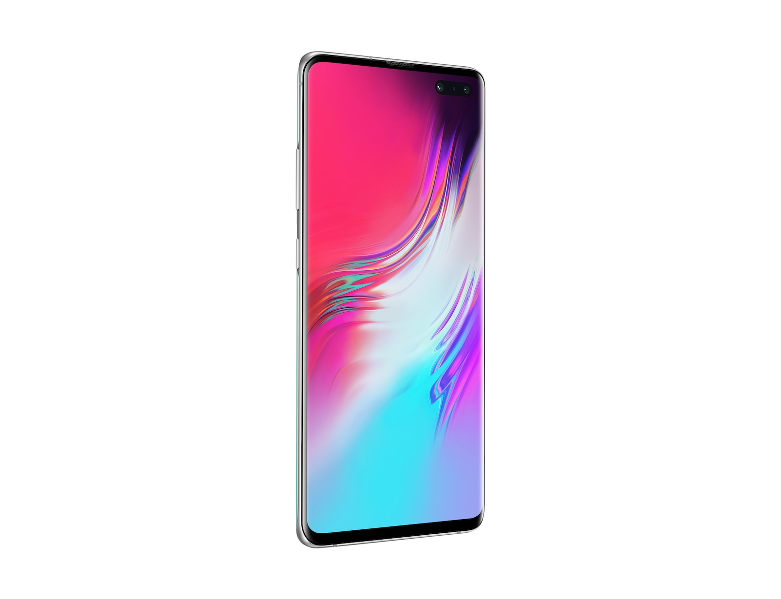 Ein Smartphone mit einem hellen rosa und türkis Farbverlauf. Das Telefon hat einen silbernen Rahmen.