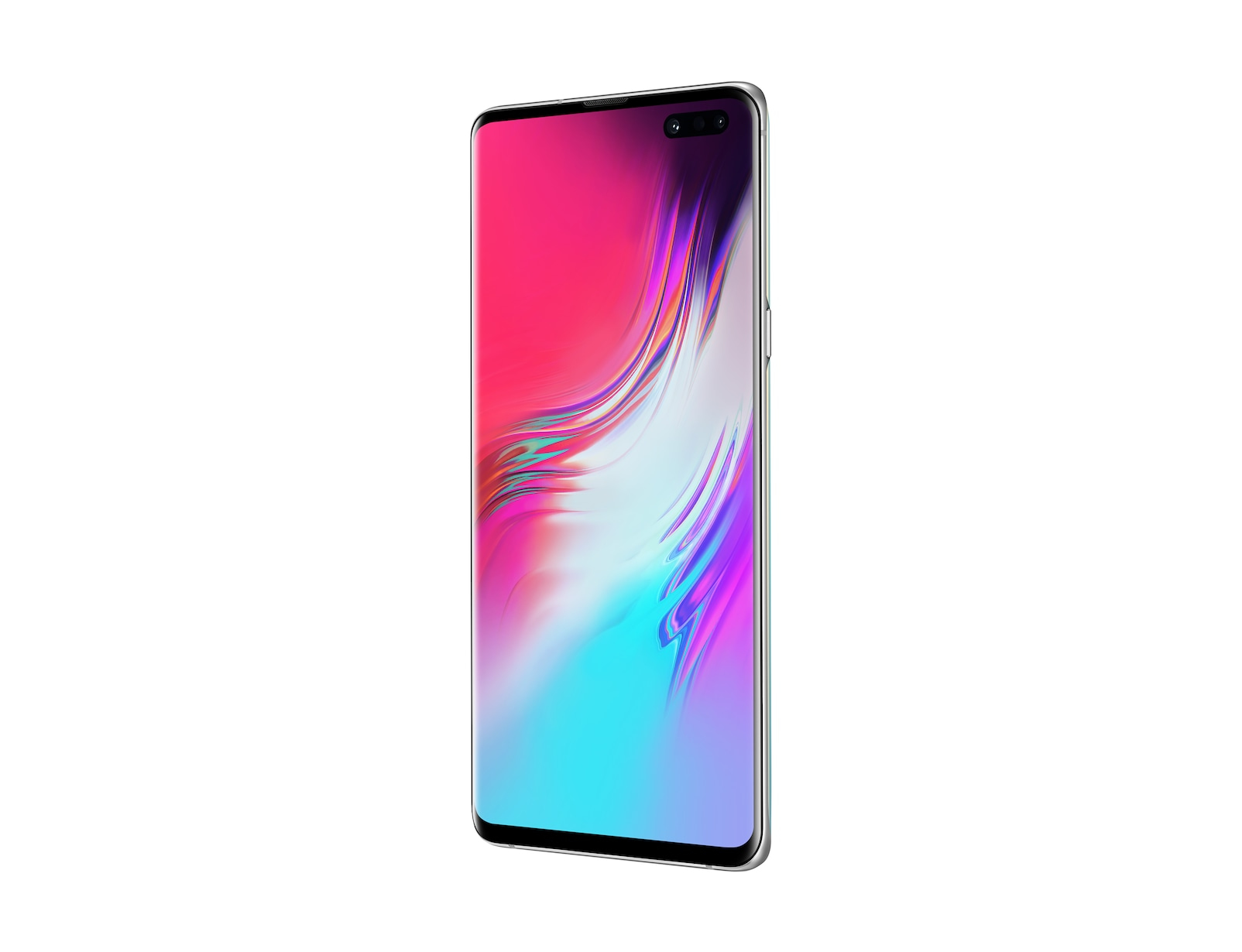 Smartphone mit Gradienten-Display, rosa bis blau, silberner Rahmen, isoliert auf weißem Hintergrund.