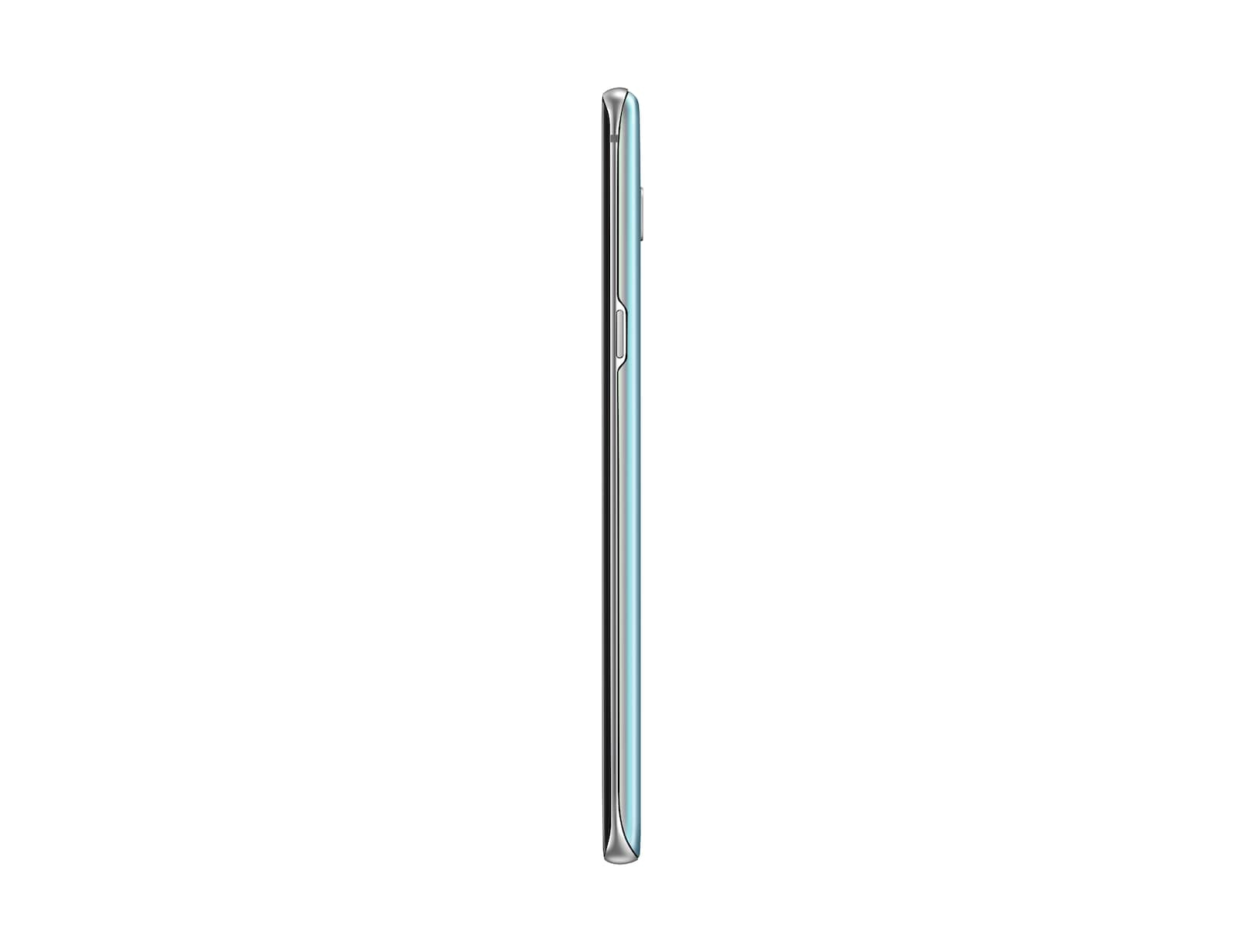 Ein schlankes, blaues Smartphone wird im Profil vor weißem Hintergrund mit sauberem, modernem Design gezeigt.