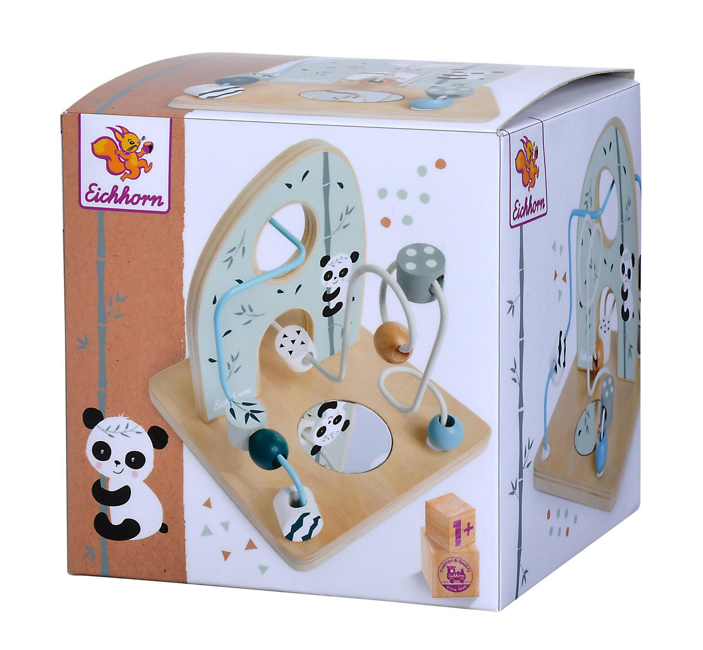 Ein Holzspielzeug mit Panda-Motiv. Die Box zeigt einen Panda und ein Labyrinth. Das Spielzeug ist ein Holz-Labyrinth.