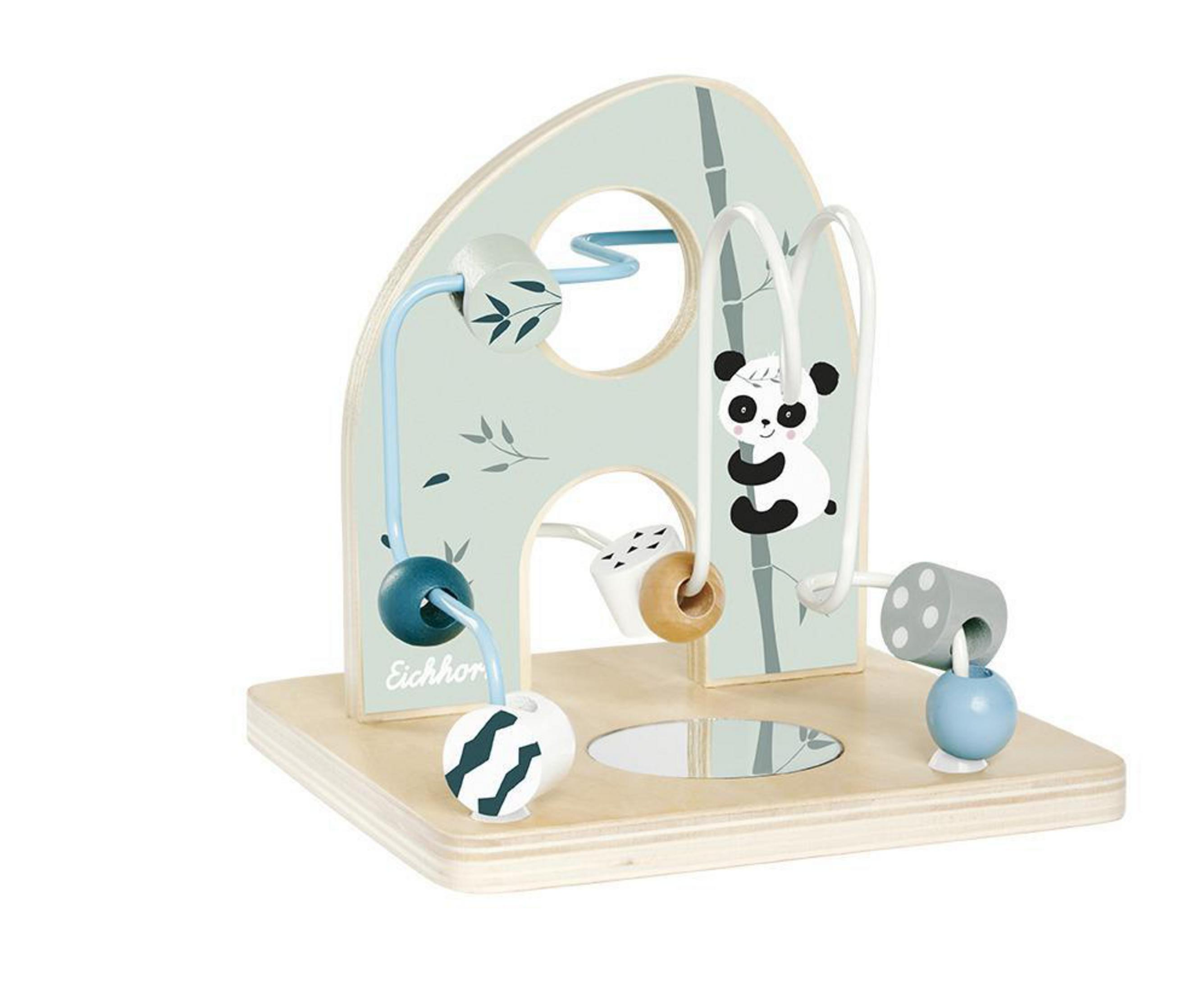 Ein Holzspielzeug mit einem Panda, Perlen und einem Labyrinth-Design.