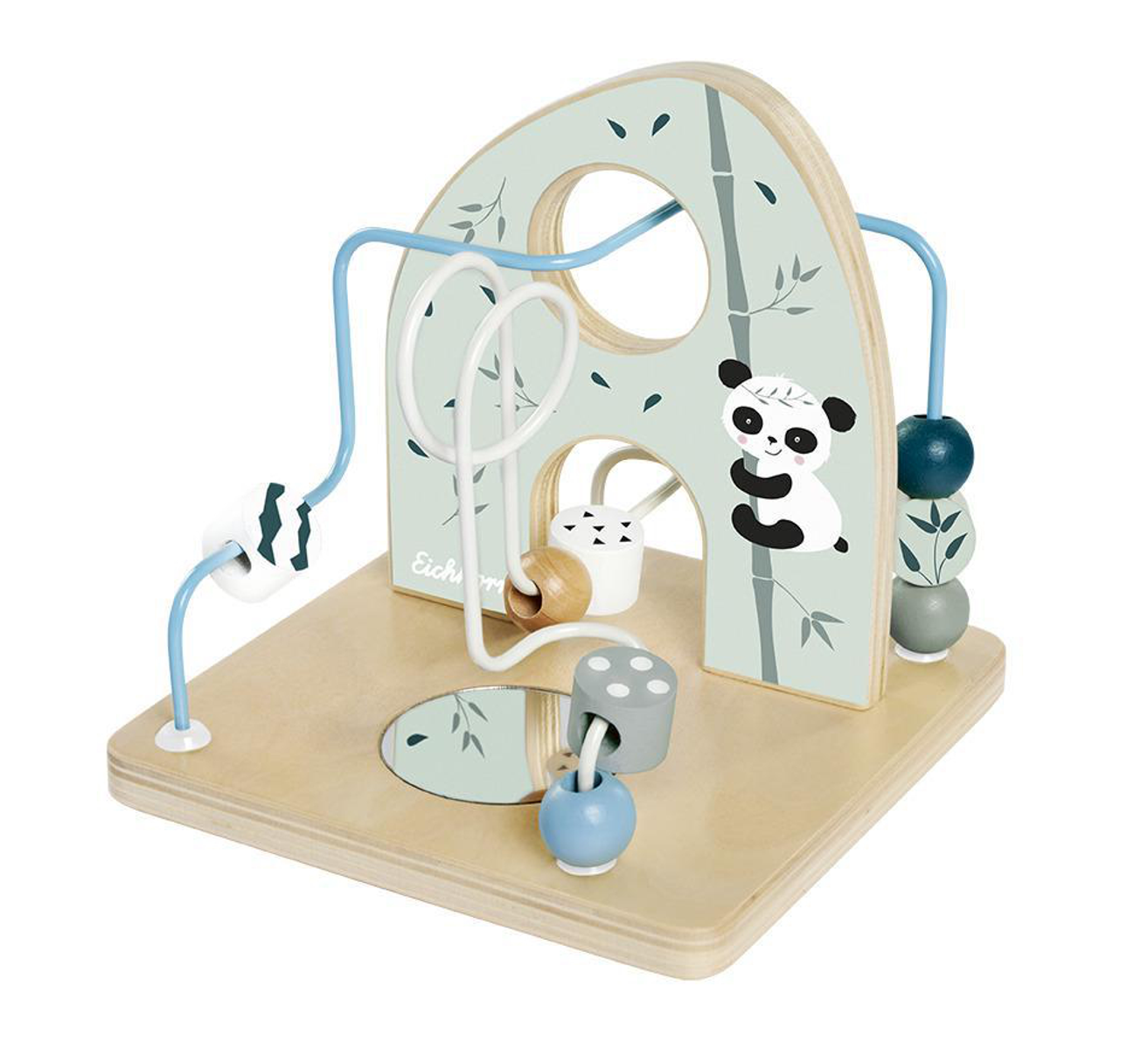 Hölzernes Panda-Perlenlabyrinth-Spielzeug mit blauen und weißen Bahnen. Auf der Seite befindet sich ein Panda.