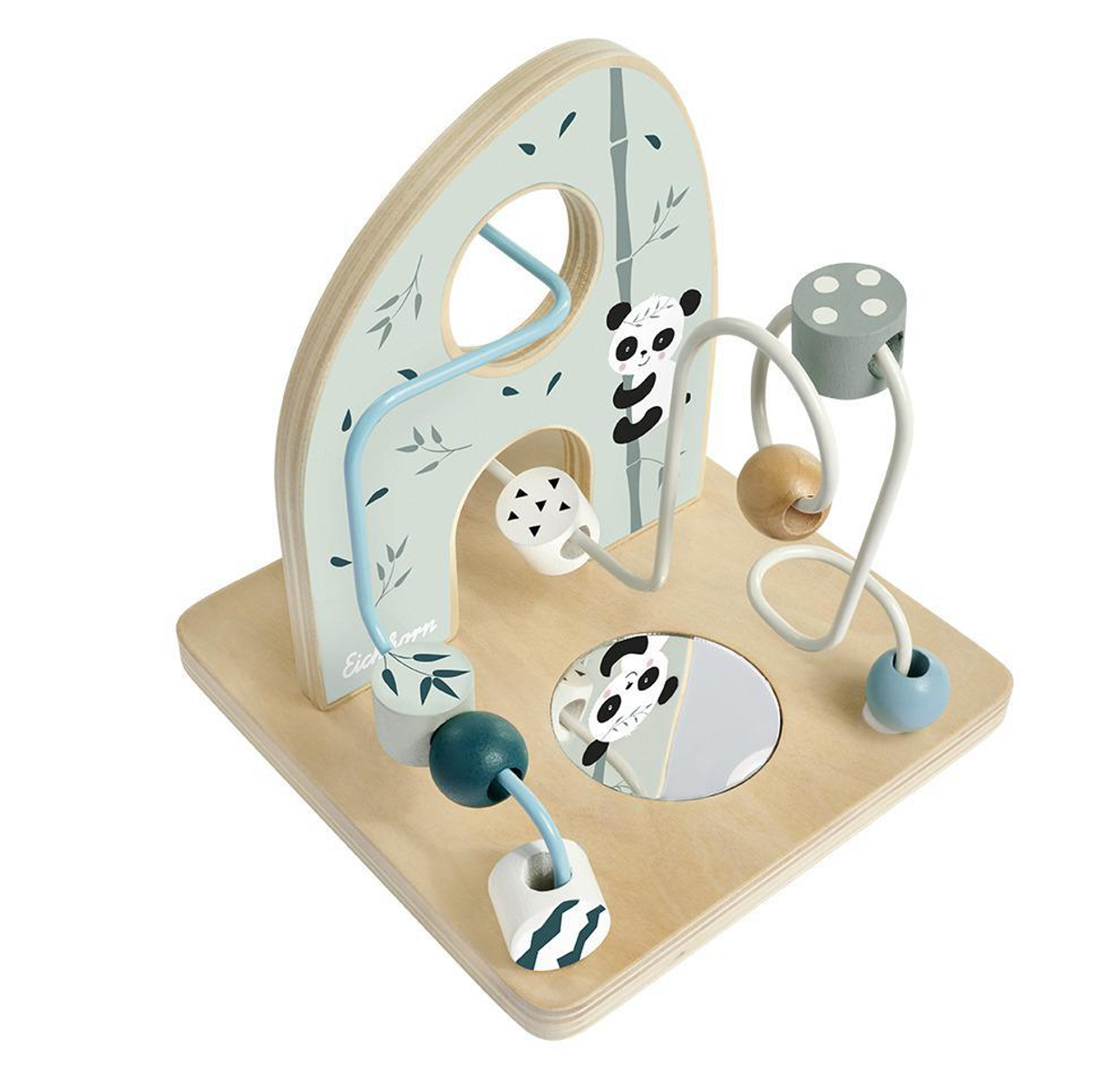 Holzpuzzle mit Pandafiguren und blauem Hintergrund.
