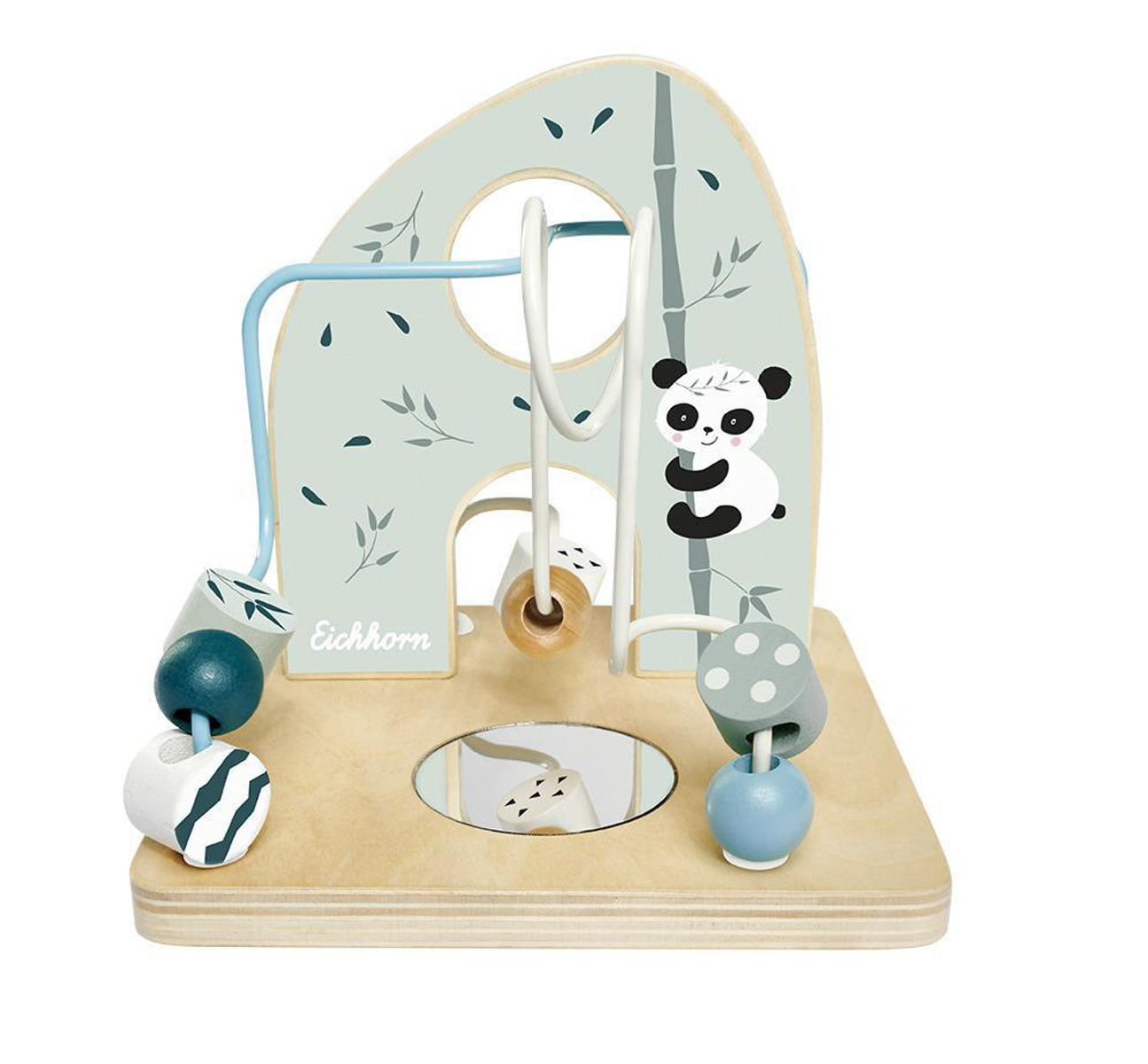 Ein Holzspielzeug mit Panda und Perlenlabyrinth auf hellblauem Hintergrund.