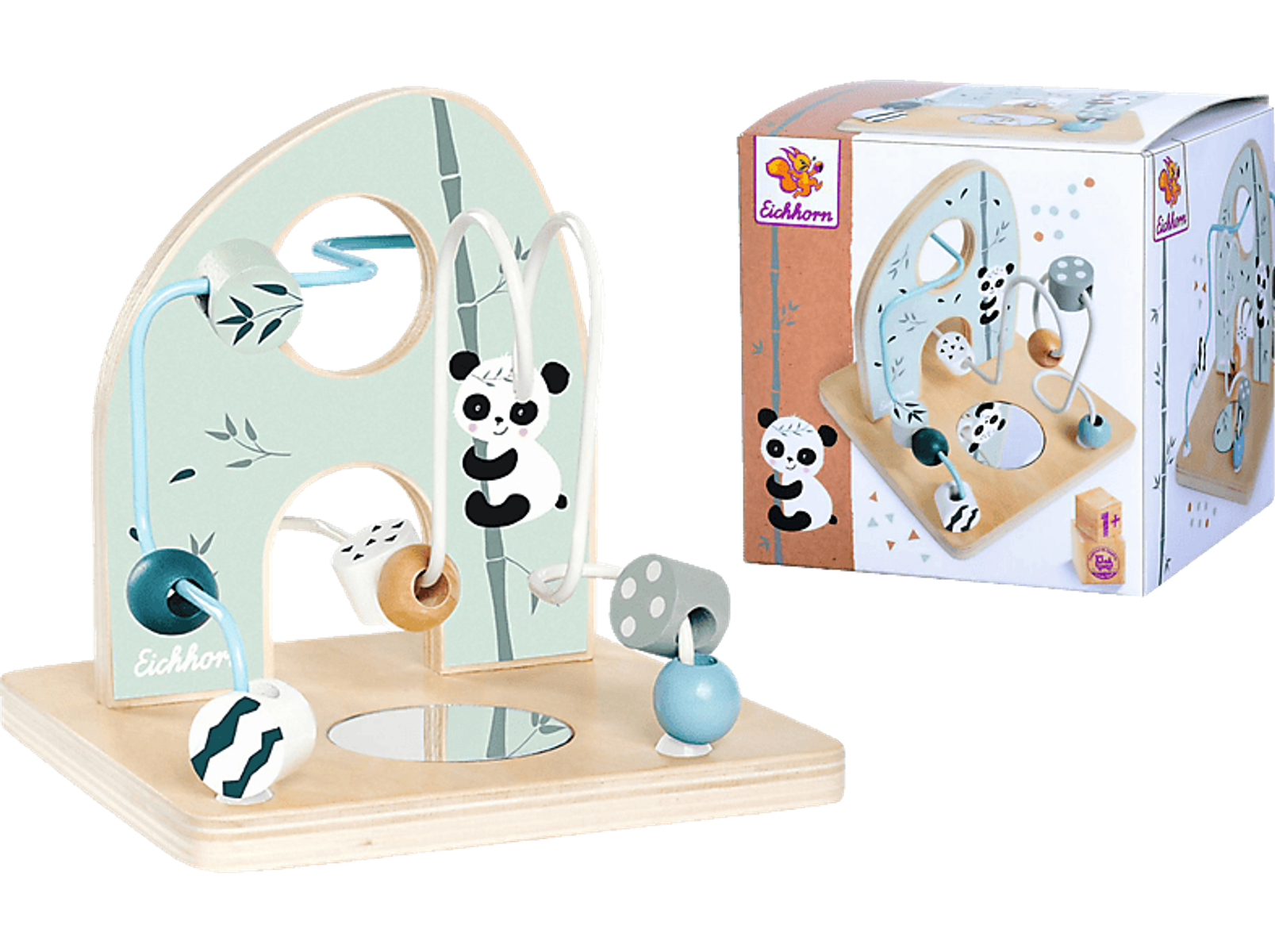 Holzspielzeug mit Panda-Design, Perlen und einer Box.