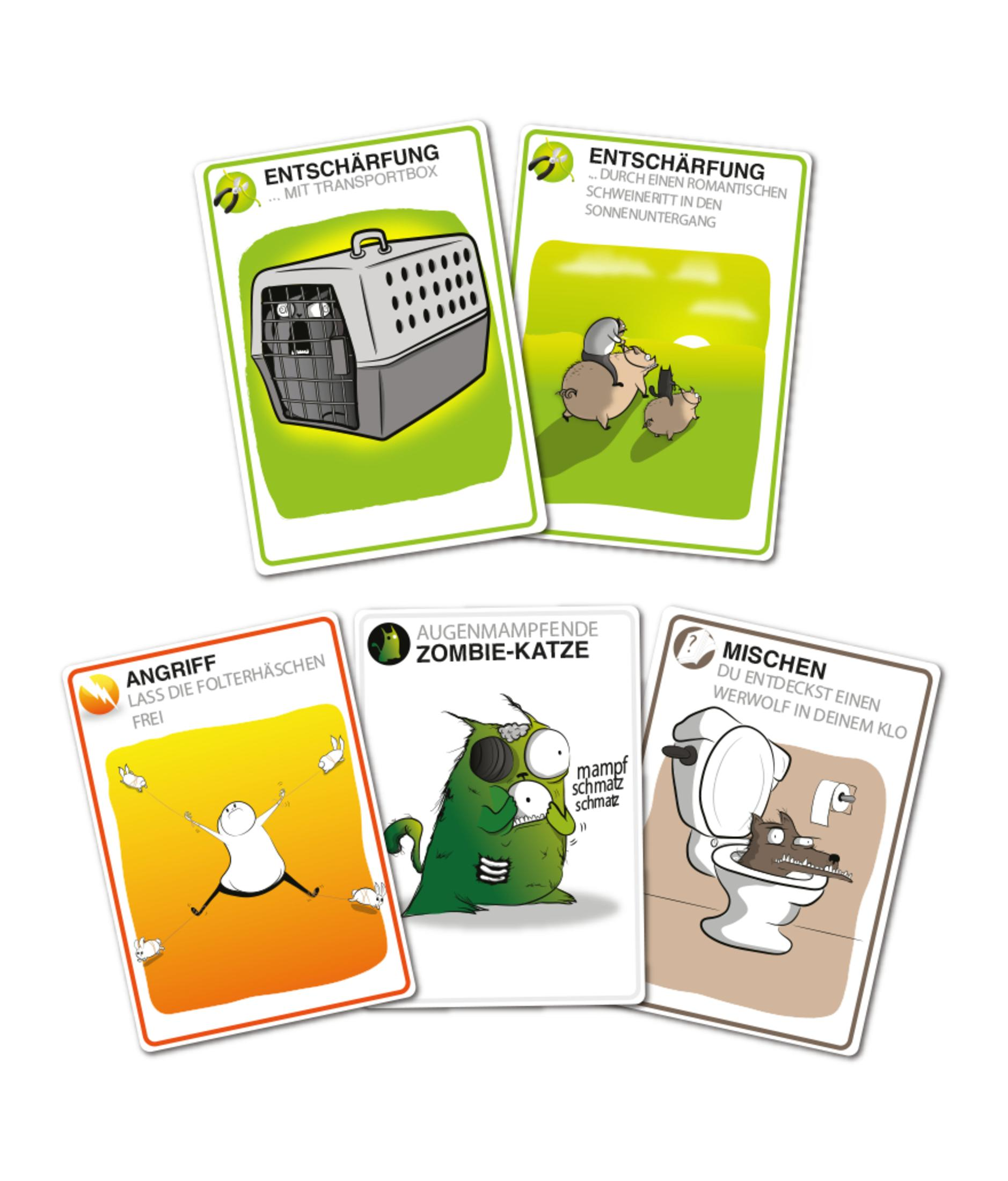 Fünf Exploding Kittens Spielkarten mit verschiedenen Szenarien und Charakteren.